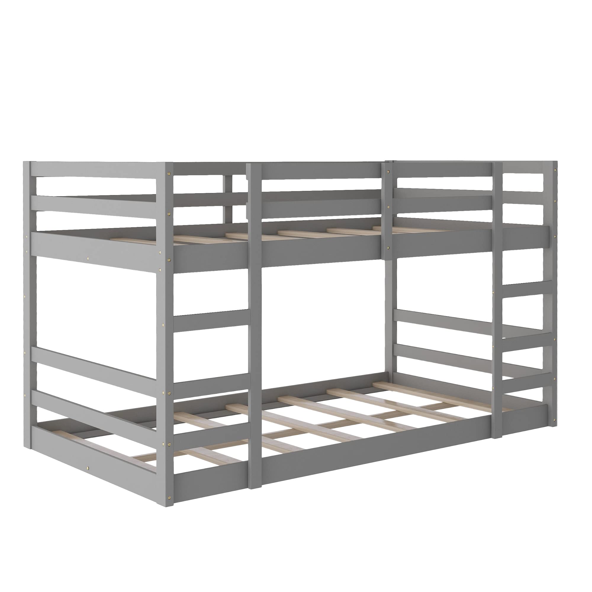 P PURLOVE Twin Over Twin Wooden Low Bunk Bed for Kids & Teens - Sturdy Low Loft Bed with Wood Slats (No Box Spring Needed) - Perfect for Small Bedrooms, Guest Rooms & Kids' Sleepovers