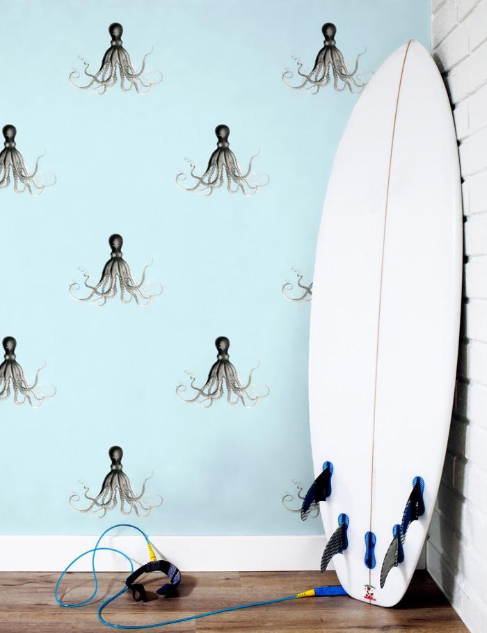 George The Octopus Wallpaper by Wallshoppe - Glacier Blue Peel & Stick Removable Wallpaper for Kids Room, Nursery, or Playroom Decor