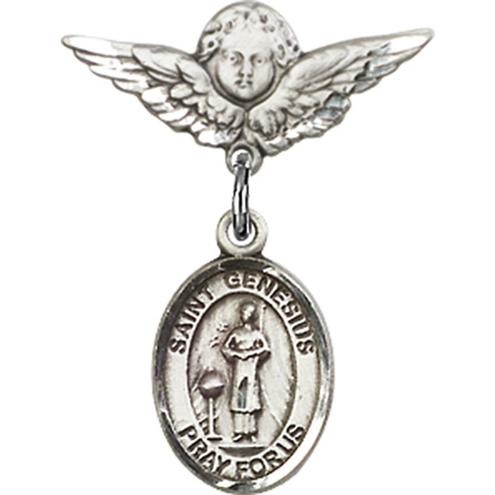 Sterling Silver Baby Badge with St. Genesius of Rome Charm & Angel Wing Pin - 7/8