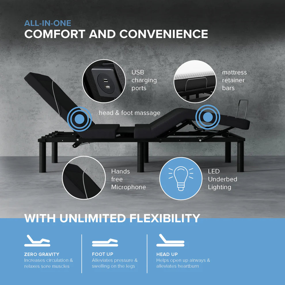 ZZEN E4/Z4 Zero Clearance Adjustable Bed Frame with Massage, Night Light & USB Ports - Fits Storage Beds & RVs - Perfect for Home, RV & Travel Comfort