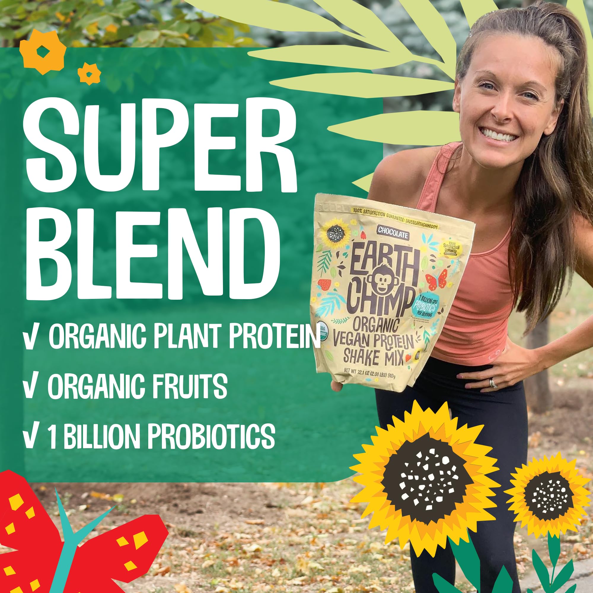 EarthChimp Organic Vegan Protein Powder with Probiotics - Non-GMO, Dairy-Free, Plant-Based Protein for Women & Men - Gluten-Free, Whey-Free - 26 Servings (32oz, Unsweetened) - Perfect for Post-Workout Recovery, Smoothies & Healthy Meal Replacement
