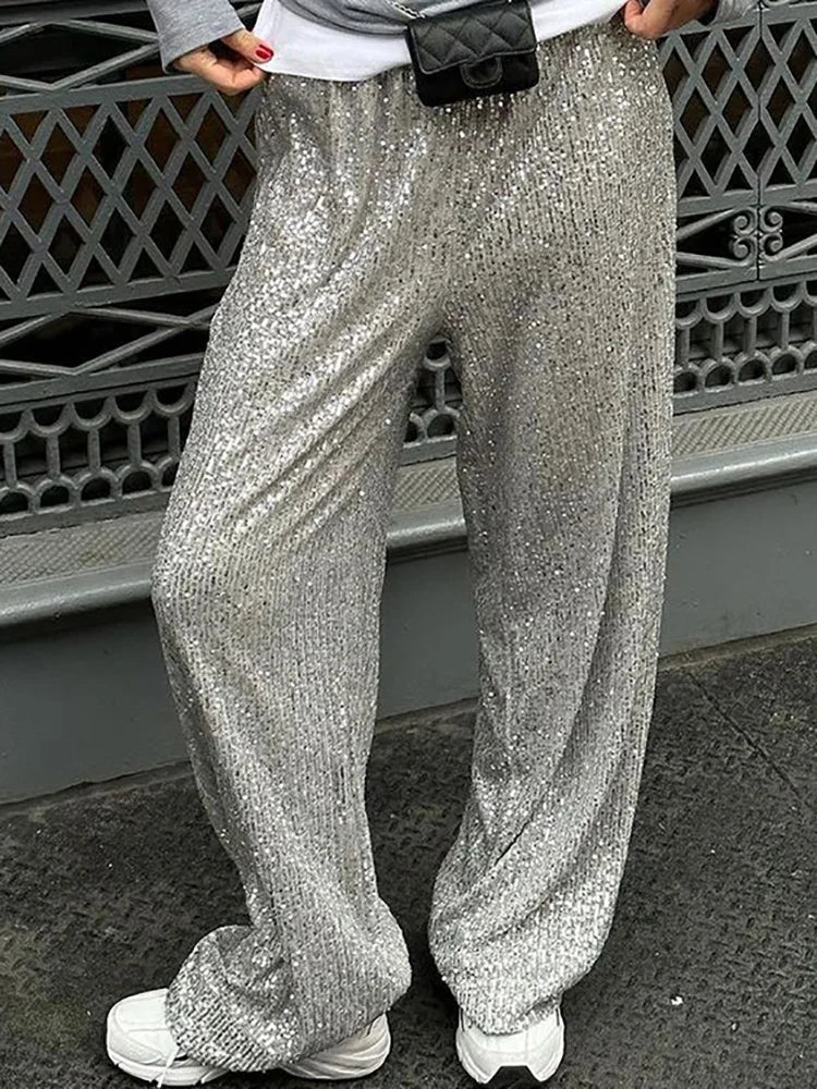 Women's Elastic Waist Patchwork Sequined Trousers - Loose Fit Streetwear Long Pants for Spring/Summer | Chic Straight Leg Pants for Casual Outings, Parties & Fashion Street Style
