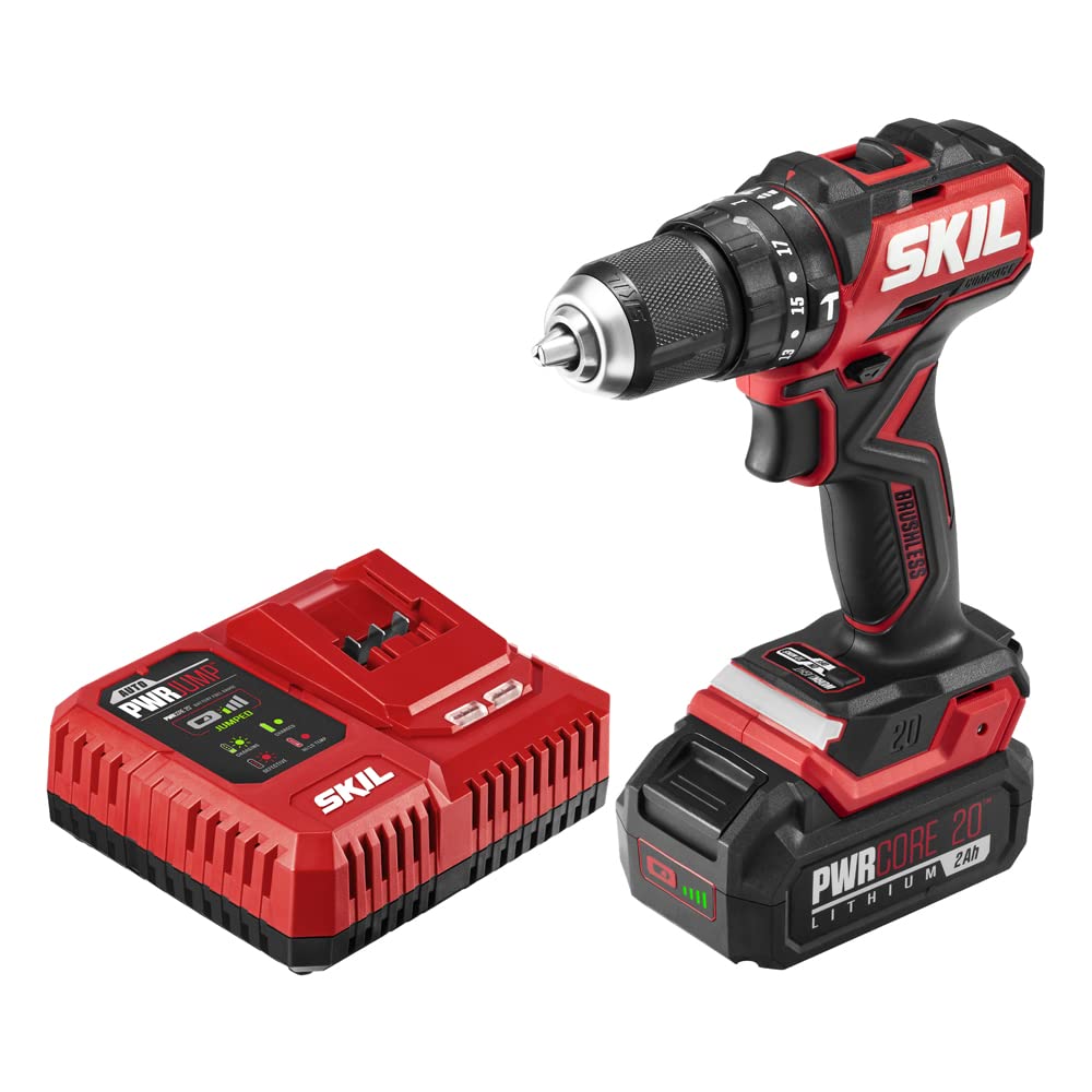 Skil PWR CORE 20 Brushless 20V 1/2 in. Cordless Hammer Drill Kit with 3-in-1 Function, 2.0Ah Battery & Fast Charger - Perfect for DIY Projects, Home Repairs and Construction Work