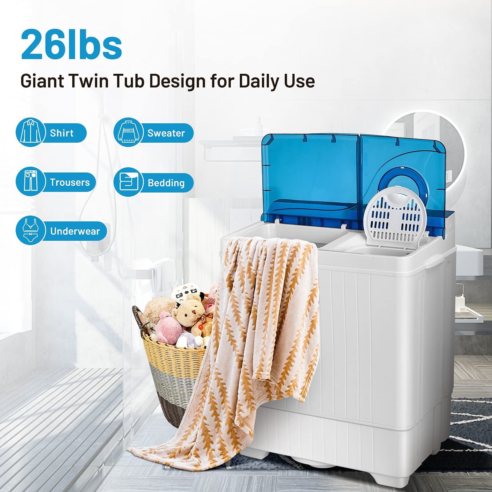 FP10355-BL Portable Washing Machine Compact & Energy Efficient - Perfect for Apartments, RVs, Camping & Small Spaces (Blue)