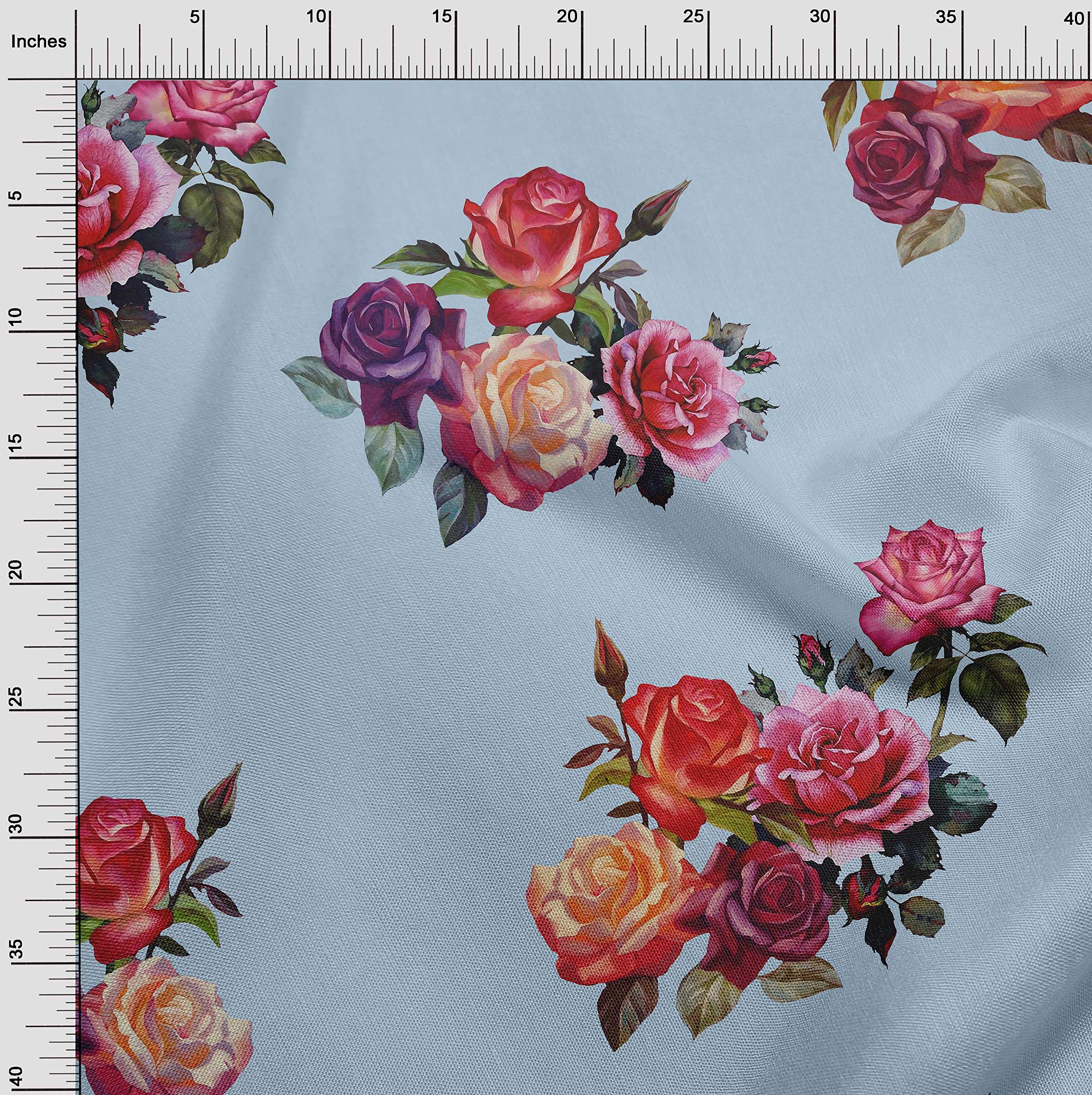 oneOone Cotton Cambric Fabric - Watercolor Printed Leaves & Roses Design - 1 Yard (56 Inch Wide) - Perfect for Quilting, Dressmaking & DIY Craft Projects