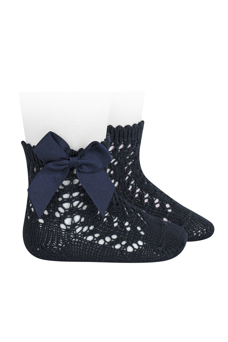 Navy Blue Openwork Bow Ankle Socks for Women - Elegant Lace Detail Casual & Dressy Socks for Everyday Wear, Work, or Special Occasions