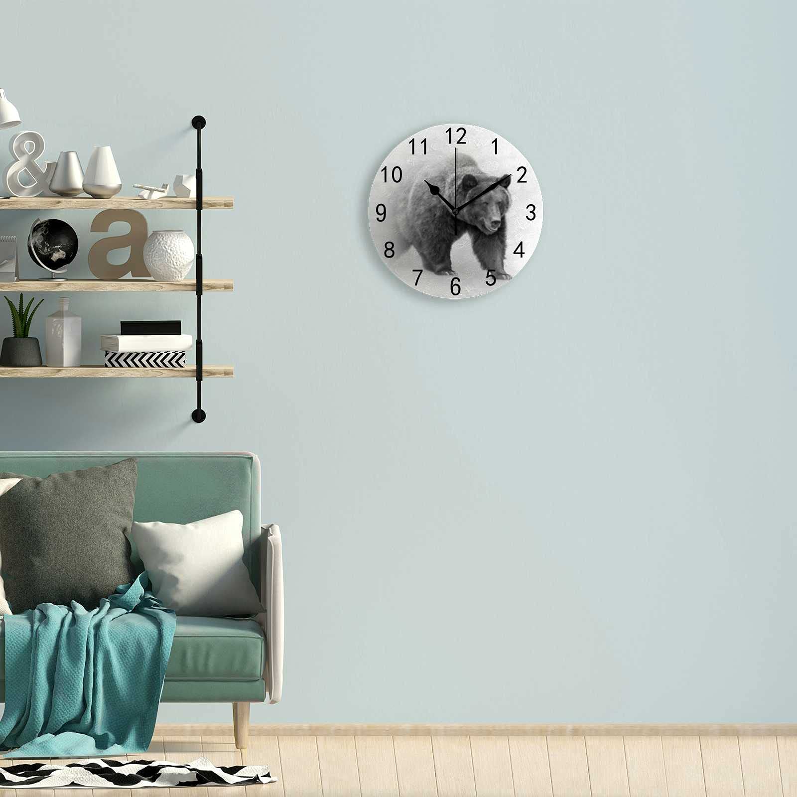 Large Silent Non-Ticking Wall Clock - Grizzly Bear Mist Art Design, Quartz Battery Operated for Living Room, Kitchen, Bedroom & Home Office - Perfect for Farmhouse Decor, Modern Spaces & Quiet Environments