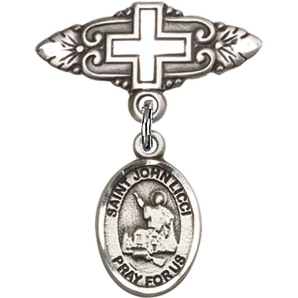 1 X 3/4 Inch Sterling Silver Baby Badge with St. John Licci Charm & Cross Pin - Perfect for Christenings, Baptisms & First Communion Gifts
