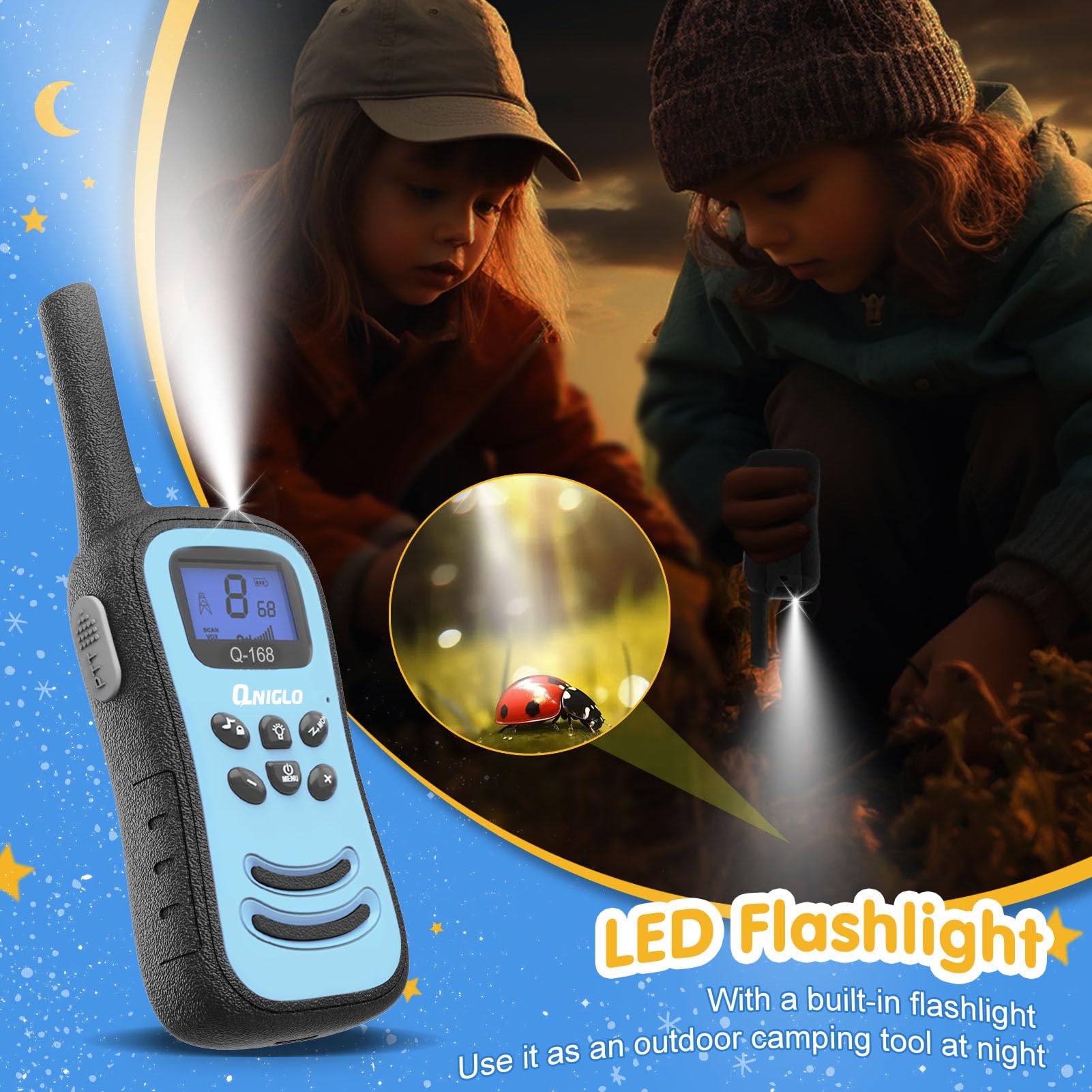 QNIGLO Rechargeable Walkie Talkies for Kids - Long Range 2 Way Radios with 22 FRS Channels & LED Flashlight - Best Toys Gift for Boys Girls Ages 3-14 - Perfect for Outdoor Adventures, Camping, Hiking and Family Games