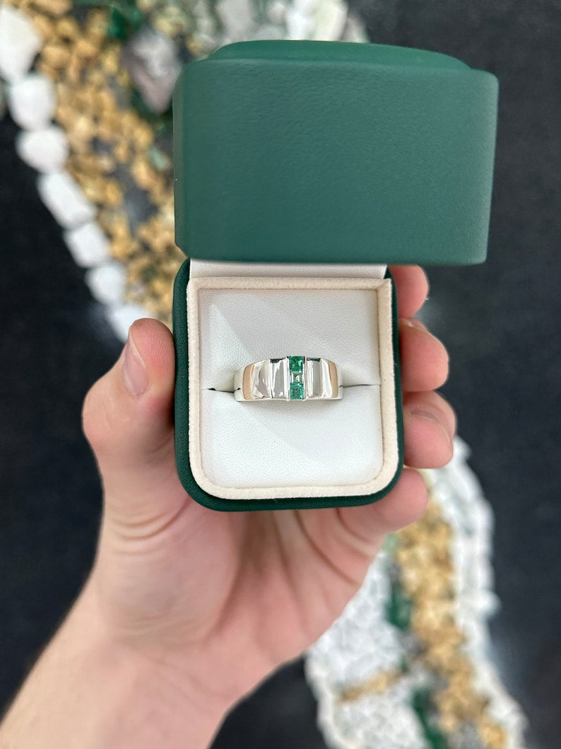 0.45tcw 3 Stone Natural Medium Spring Green Sterling Silver Emerald Unisex Ring for Men & Women - Perfect for Everyday Wear, Gifts & Special Occasions