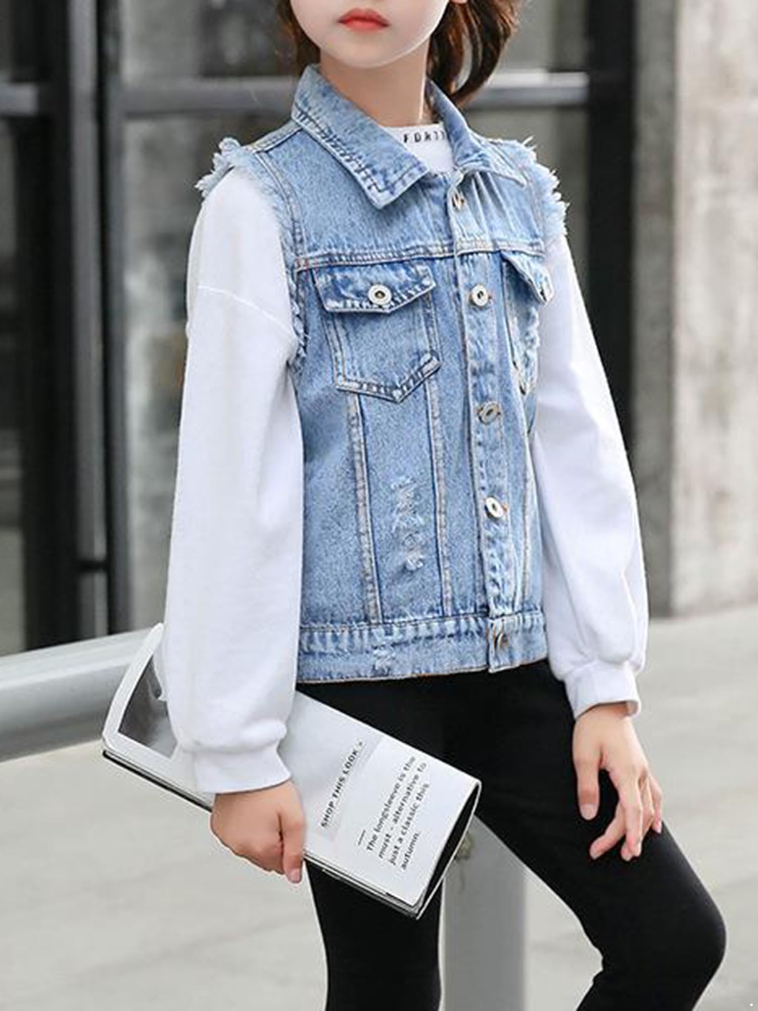 Girls' Distressed Denim Vest Jacket - Casual Cowboy Waistcoat Top for Kids - Stylish Jean Gilet for School & Fashion Outfits - Perfect for Playdates, Parties & Everyday Wear
