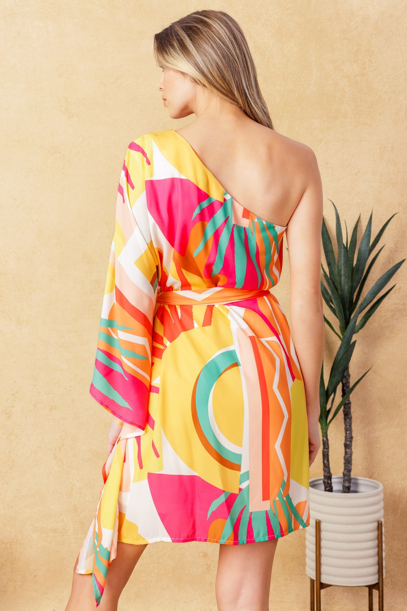 EASY BREEZES One Shoulder Caftan Mini Dress - Flowy Beach Cover Up, Pool Party Outfit, Summer Vacation Dress for Women