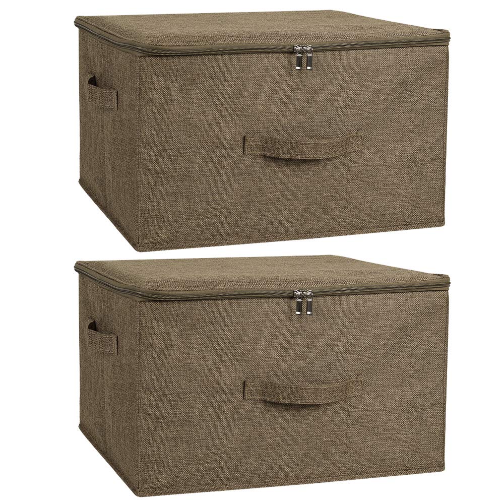 ANMINY 2-Pack Foldable Storage Bins with Zipper Lids | Large PP Plastic Board & Cotton Linen Fabric Organizer Box | Closet Clothes Storage Solution for Home, Office & Travel (Coffee Color)
