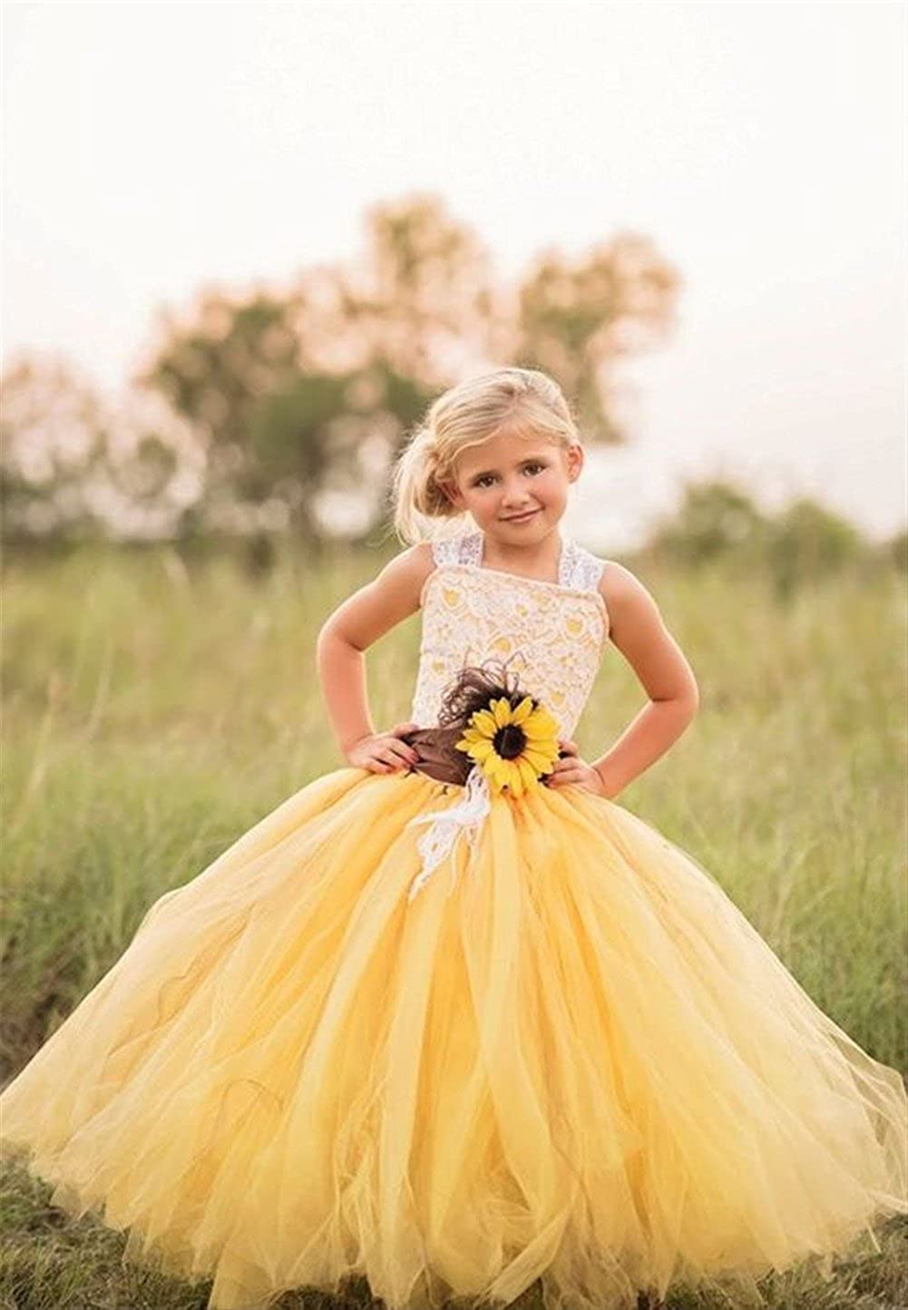 Yellow Tutu Flower Girl Dress with Sunflower Belt for Wedding & Party