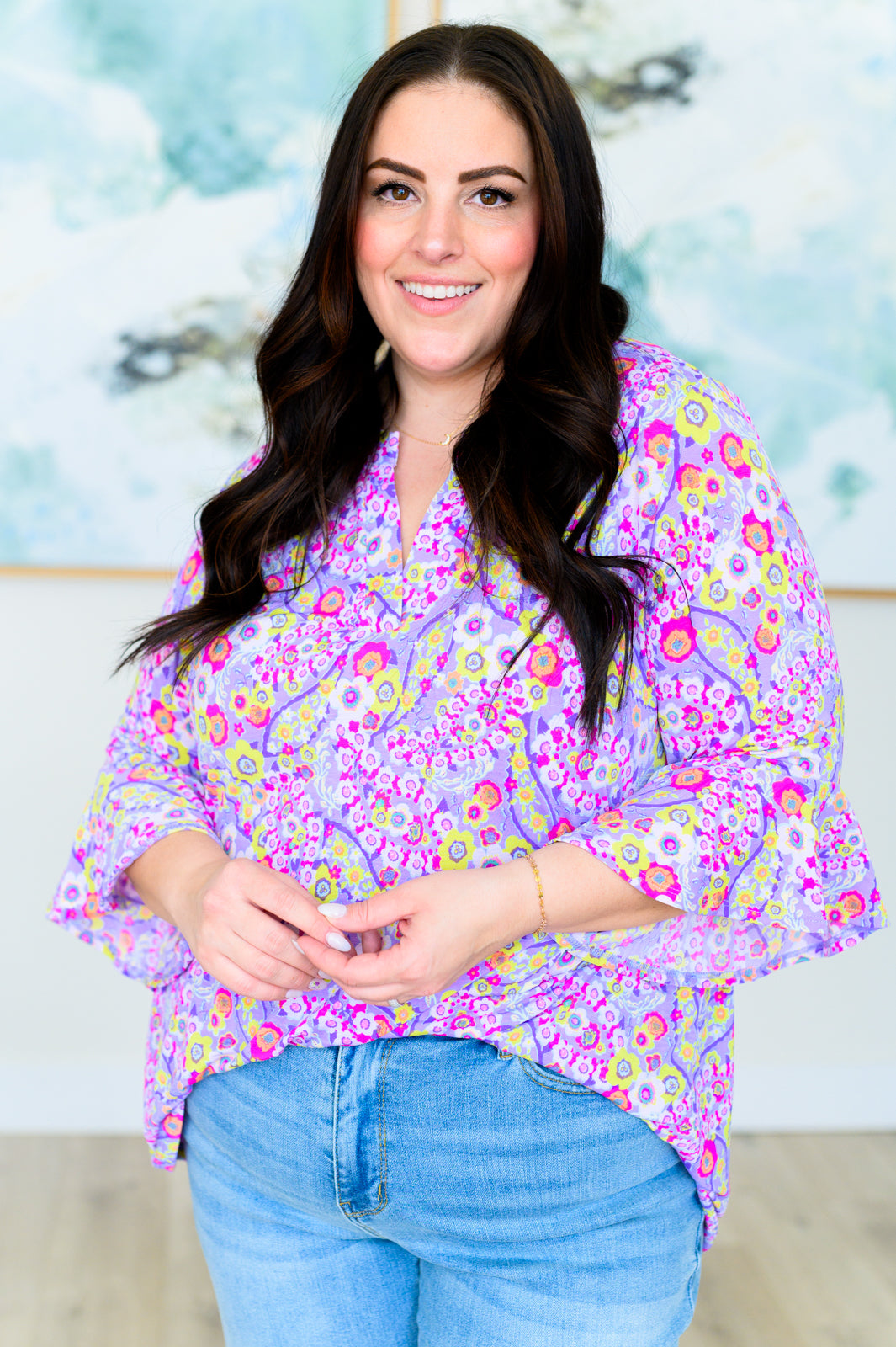 Lizzy Bell Sleeve Top Women's Vintage Floral Blouse - Lavender Ditsy Print Retro Style for Casual Wear, Date Night & Spring Outfits