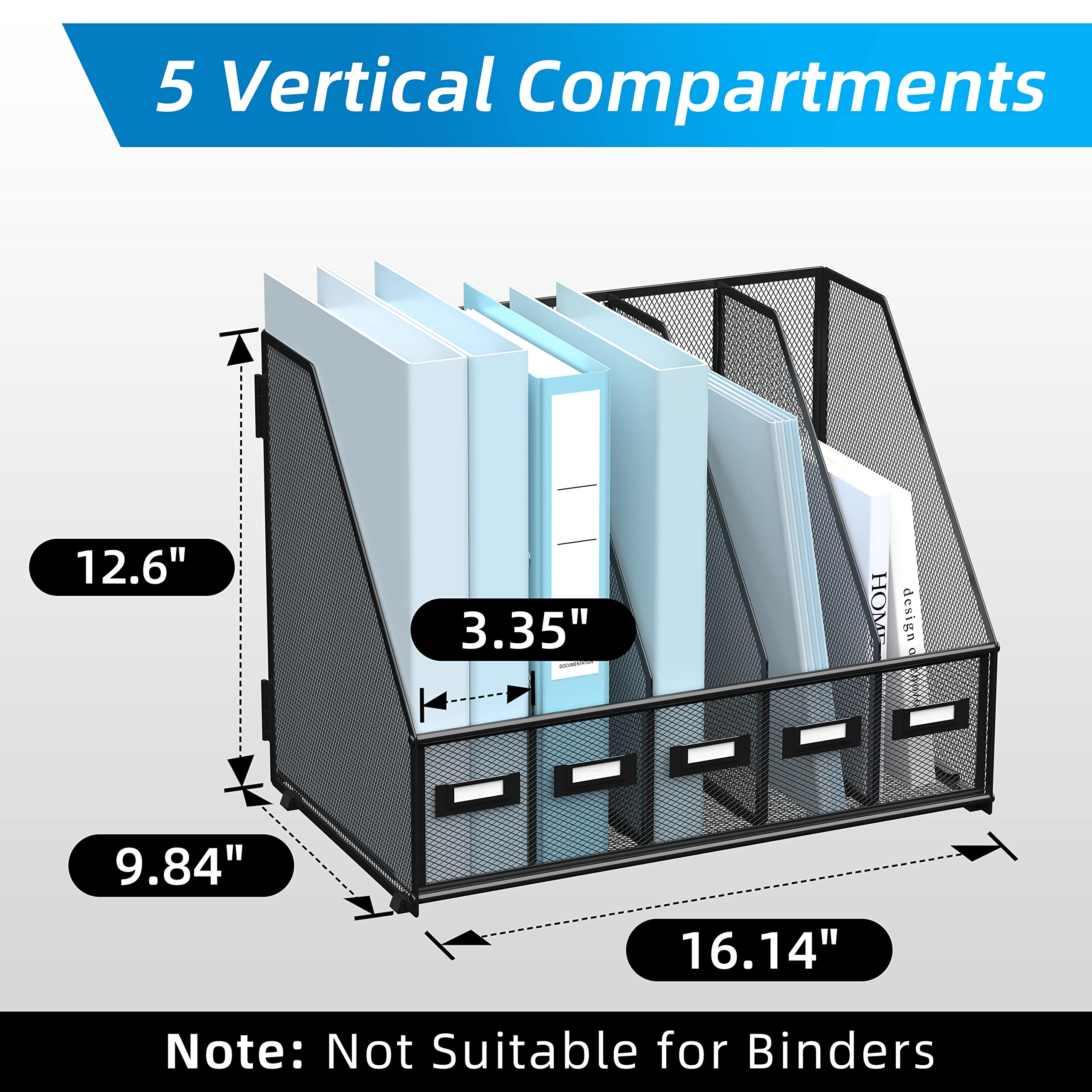SUPEASY Metal Desk Organizer with 5 Vertical Compartments - Black Magazine File Holder for Office, Home Workspace | Perfect for Organizing Documents, Books, and Office Supplies on Your Desktop