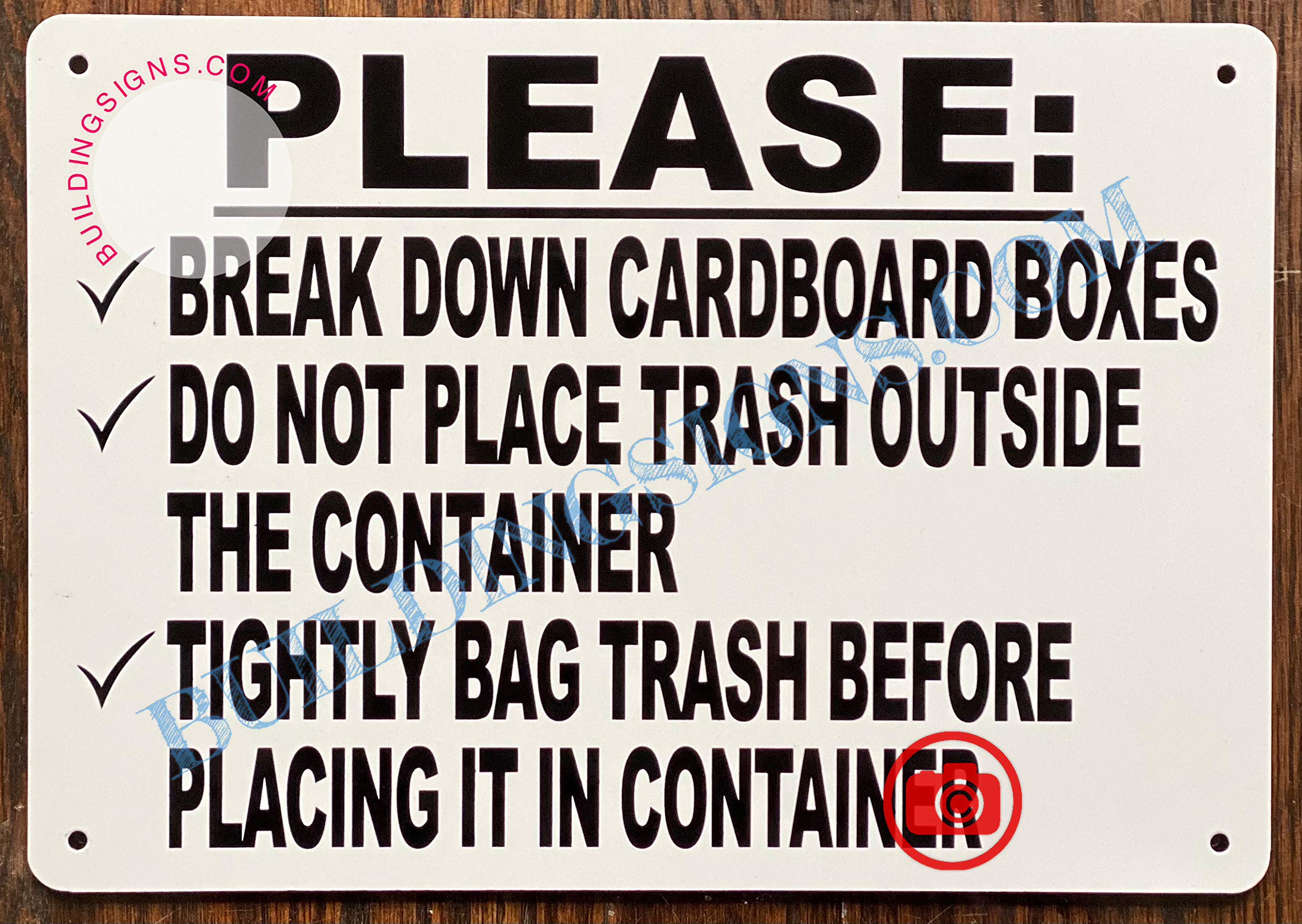 7x10 Inch White Aluminum Garbage Container Rules Sign - Break Down Cardboard, No Trash Outside - Perfect for Warehouses, Offices & Recycling Centers