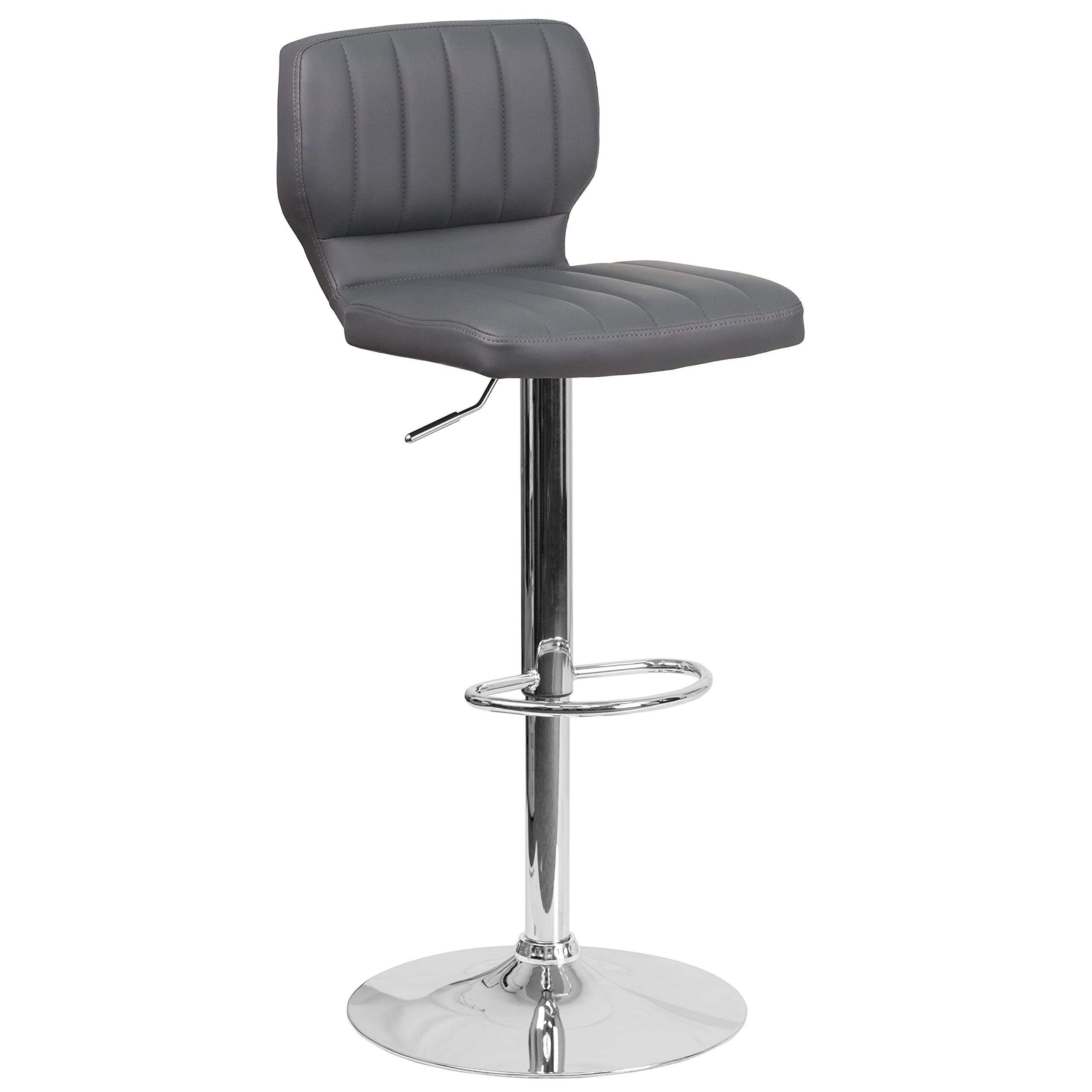 EMMA + OLIVER Adjustable Height Bar Stool with Vinyl Upholstery & Vertical Stitch Back - Gray Modern Kitchen Counter Stool for Dining, Bar, or Breakfast Nook