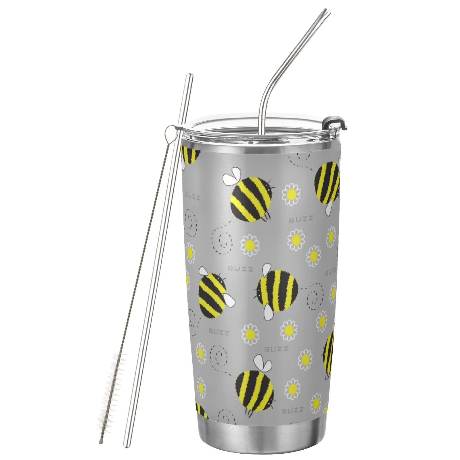 CaTaKu 20oz Stainless Steel Vacuum Insulated Tumbler with Lid & Straw - Double Wall Insulated Travel Mug for Hot & Cold Drinks - Daisy Honey Bee Design - Perfect for Coffee, Tea, Water & On-the-Go Use in Car, Office or Outdoor Adventures