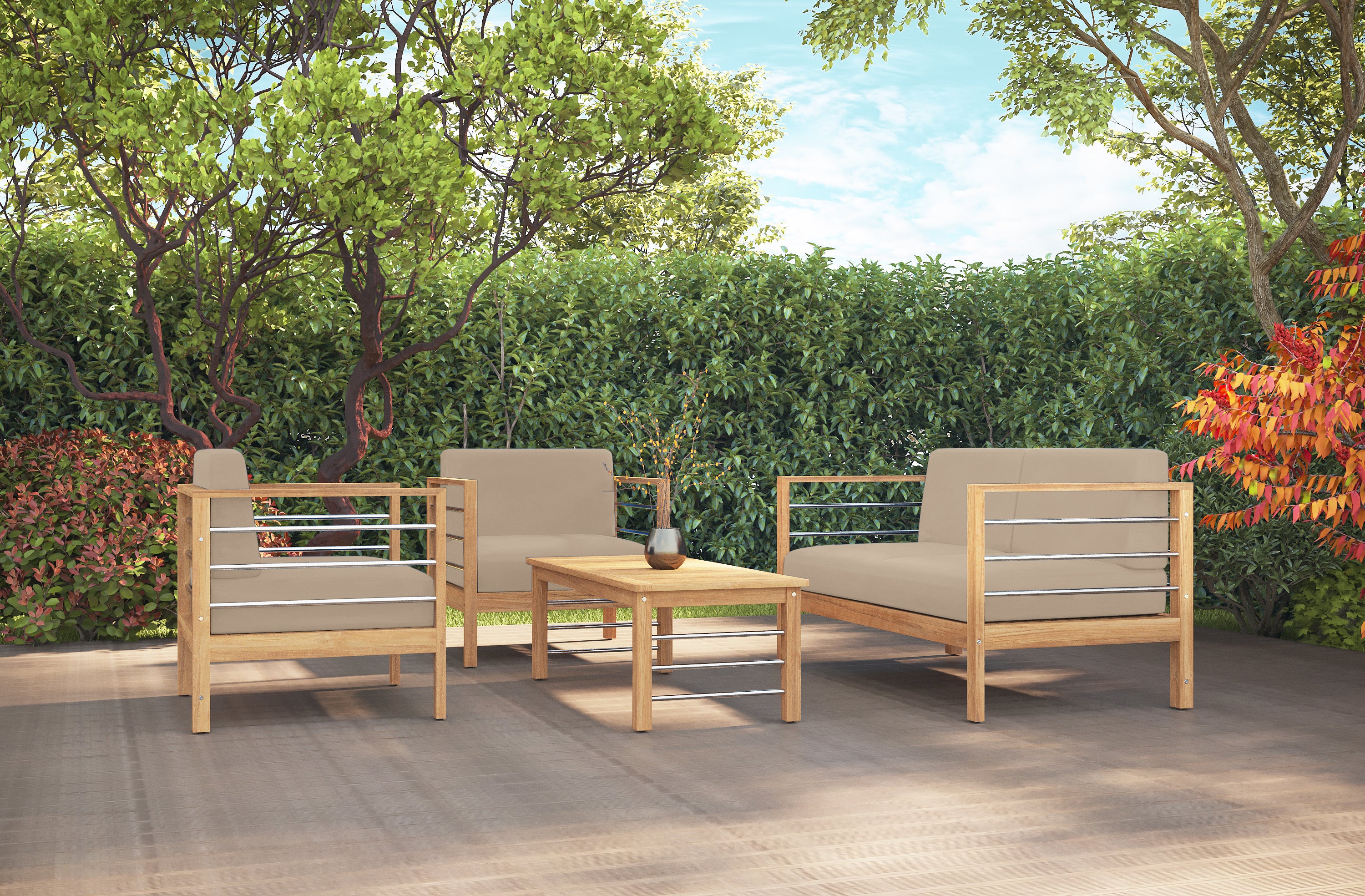 Leon 4-Piece Teak Outdoor Patio Deep Seating Set with Sunbrella Fawn Cushions – Durable All-Weather Furniture for Backyard, Garden & Poolside Relaxation