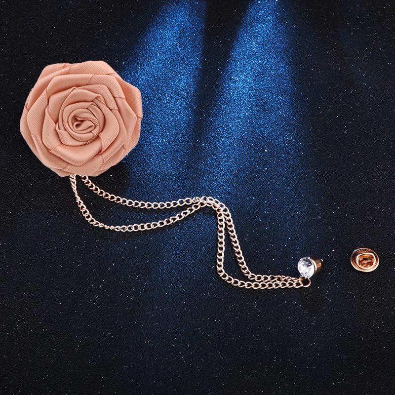 Elegant Rose Flower Pin Brooch for Men - Long Chain Fringe Lapel Pin Fabric Boutonniere - Wedding Suit Accessories for Groomsmen - Perfect for Formal Events, Prom, and Business Attire