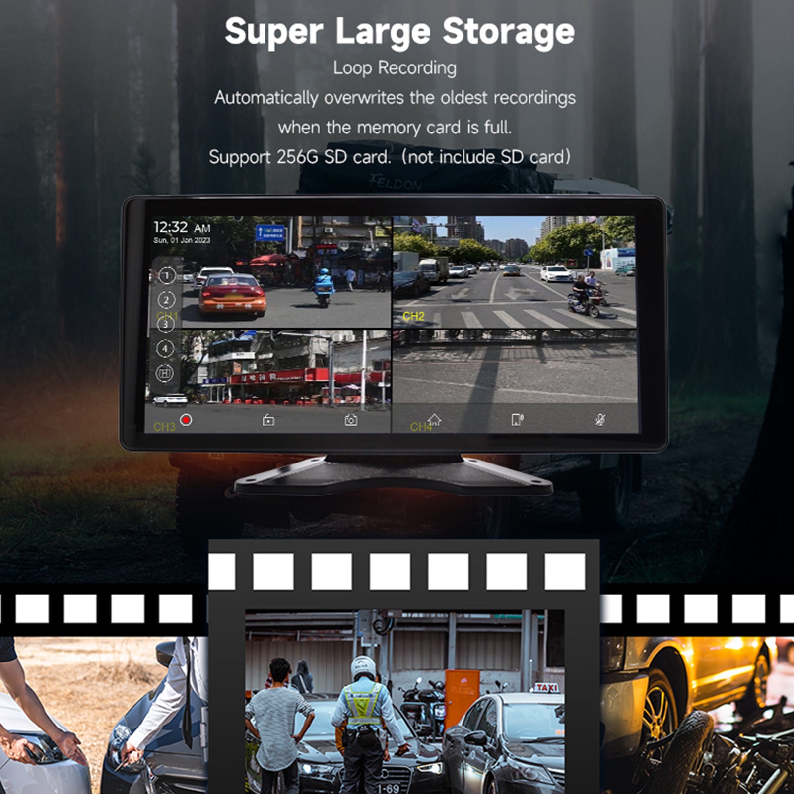 10.36 Inch IPS Quantum Touch Screen Monitor with 1600x720 Resolution & 4 Backup Cameras - HD Display for RV, Truck, Bus & Commercial Vehicles - Perfect for Navigation, Rearview Monitoring & Fleet Management