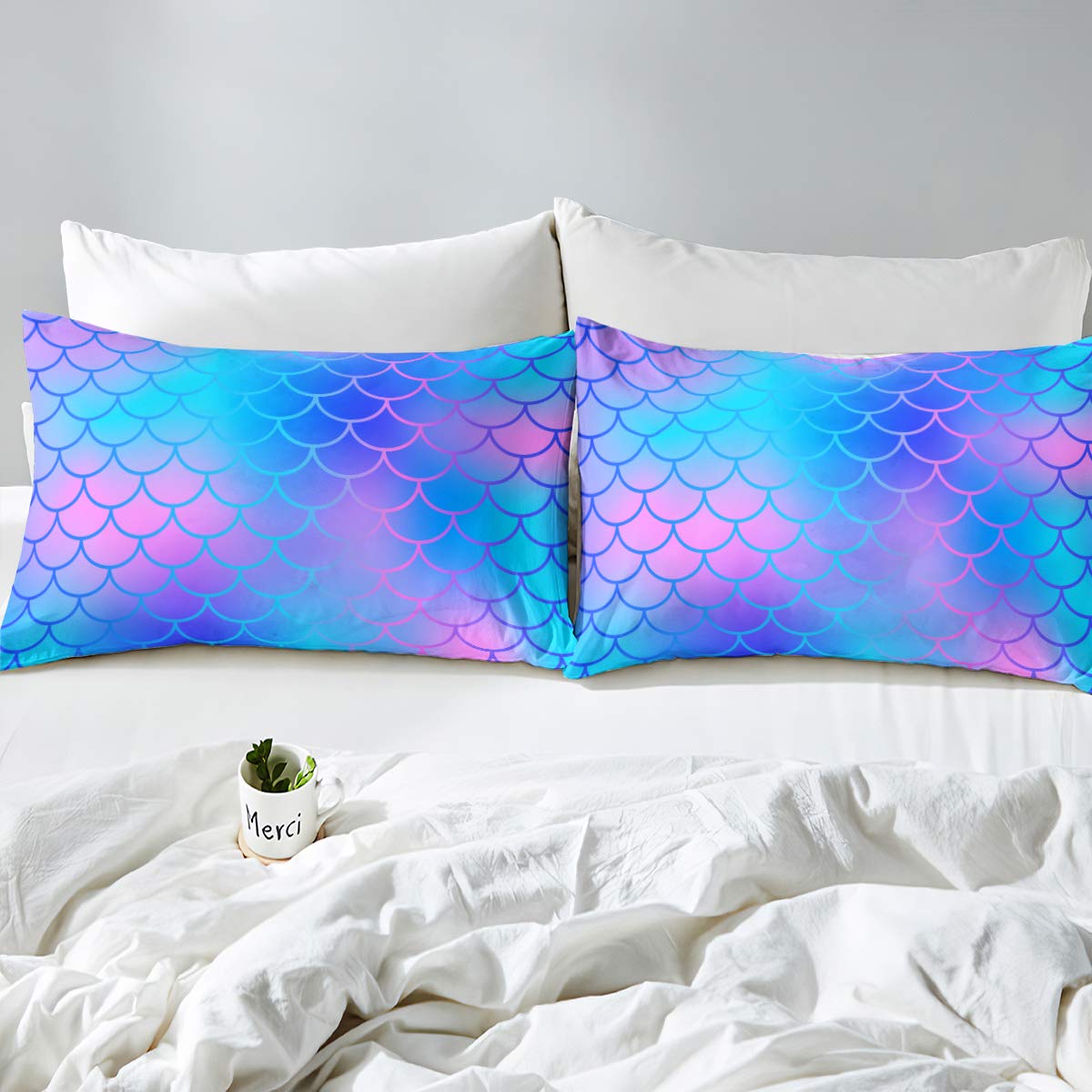 Feelyou Mermaid Scales Duvet Cover Set - Twin Size Blue Purple Fish Scale Print Bedding for Kids & Girls | Soft Microfiber Comforter Cover with Pillow Sham | Zipper Closure | Perfect for Kids' Bedrooms, Beach Themed Rooms & Fantasy Decor