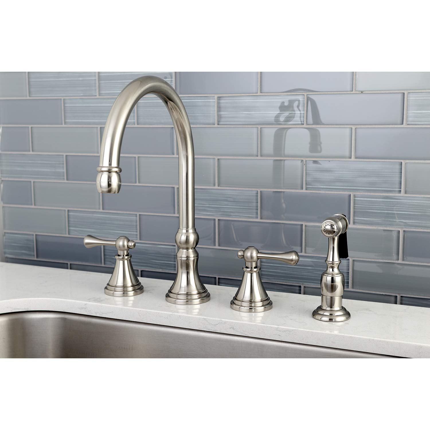 Kingston Brass KS2798BLBS 8-Inch Brushed Nickel Deck Mount Kitchen Faucet with Pull-Down Sprayer - Perfect for Modern Farmhouse & Commercial Style Kitchens
