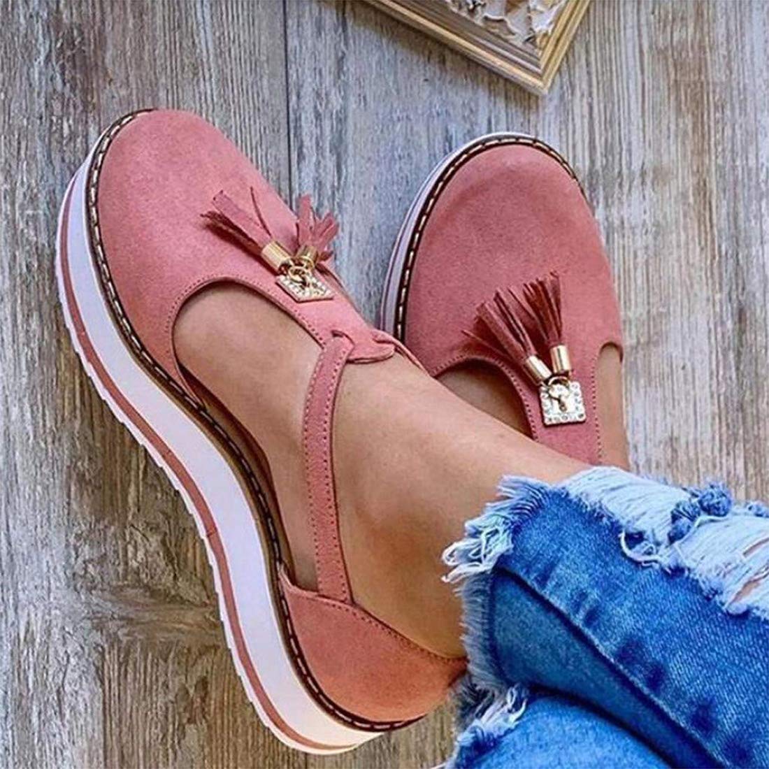 Women's Summer Sandals - Fashion Buckle Strap Fringe Flat Platform Heel Casual Closed Toe Shoes for Ladies | Plus Size Outdoor Vintage Beach Espadrilles (Pink, EU 36) | Perfect for Beach Vacations, Casual Outings & Summer Fashion