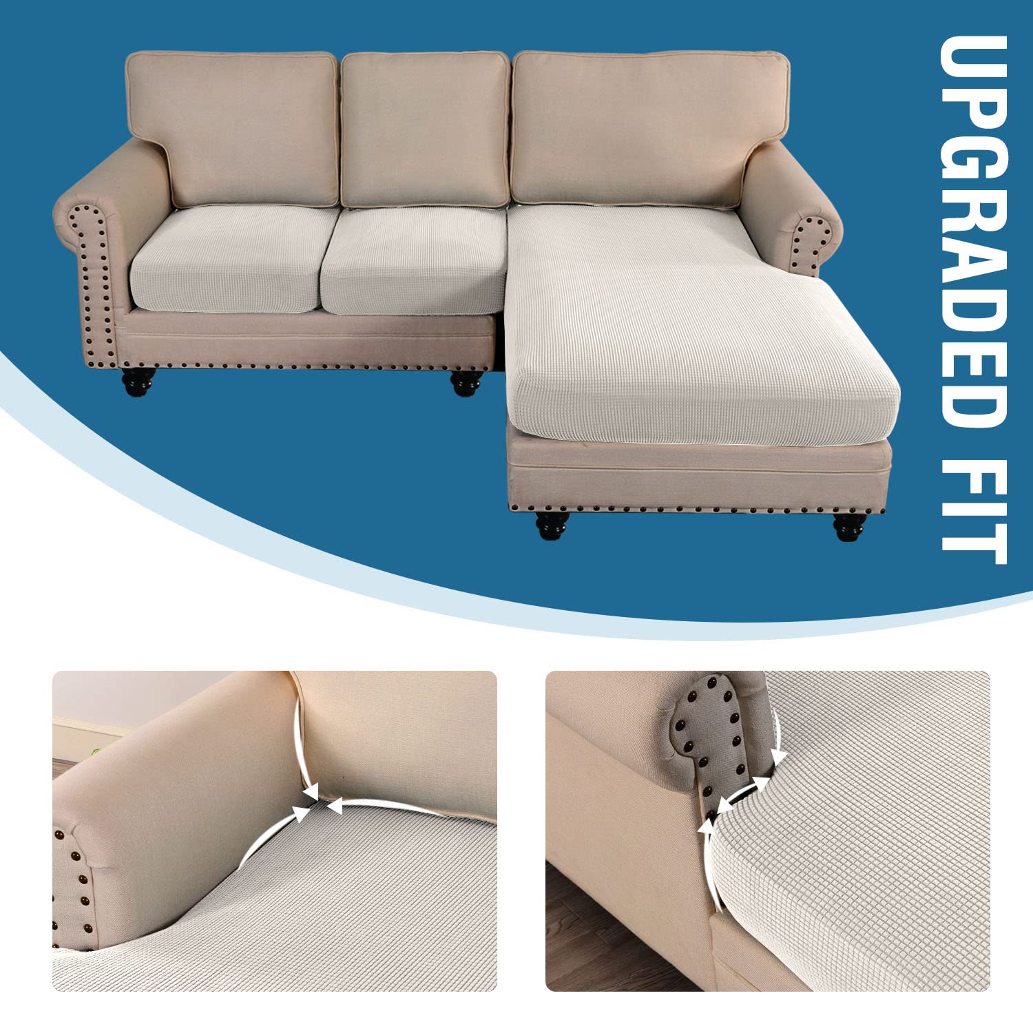 H.VERSAILTEX 3-Piece L-Shaped Sectional Sofa Covers - Reversible Left/Right Chaise & Seat Cushion Protectors (Ivory) | Perfect for Living Room, Family Room & Home Theater Furniture Protection