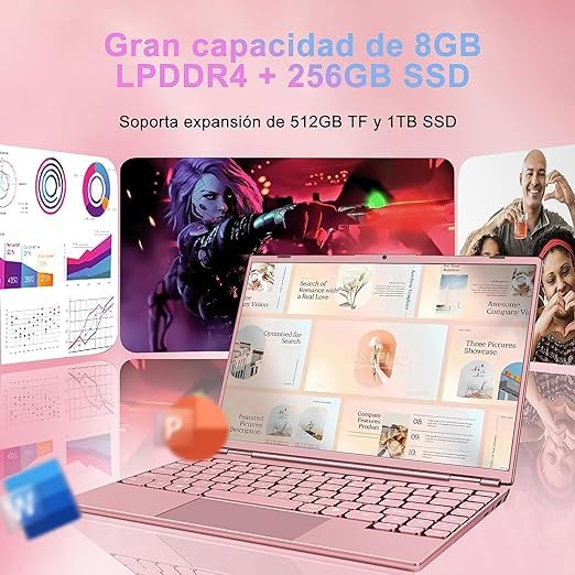 AOCWEI JSY Windows 11 Laptop - 14 Inch Notebook with Intel N5095 (Up to 2.9GHz), 8GB RAM, 256GB SSD + 1TB Expandable Storage, Dual WiFi, Cooling Fan, 1920x1200 2K FHD Display in Pink | Perfect for Work, Study & Entertainment