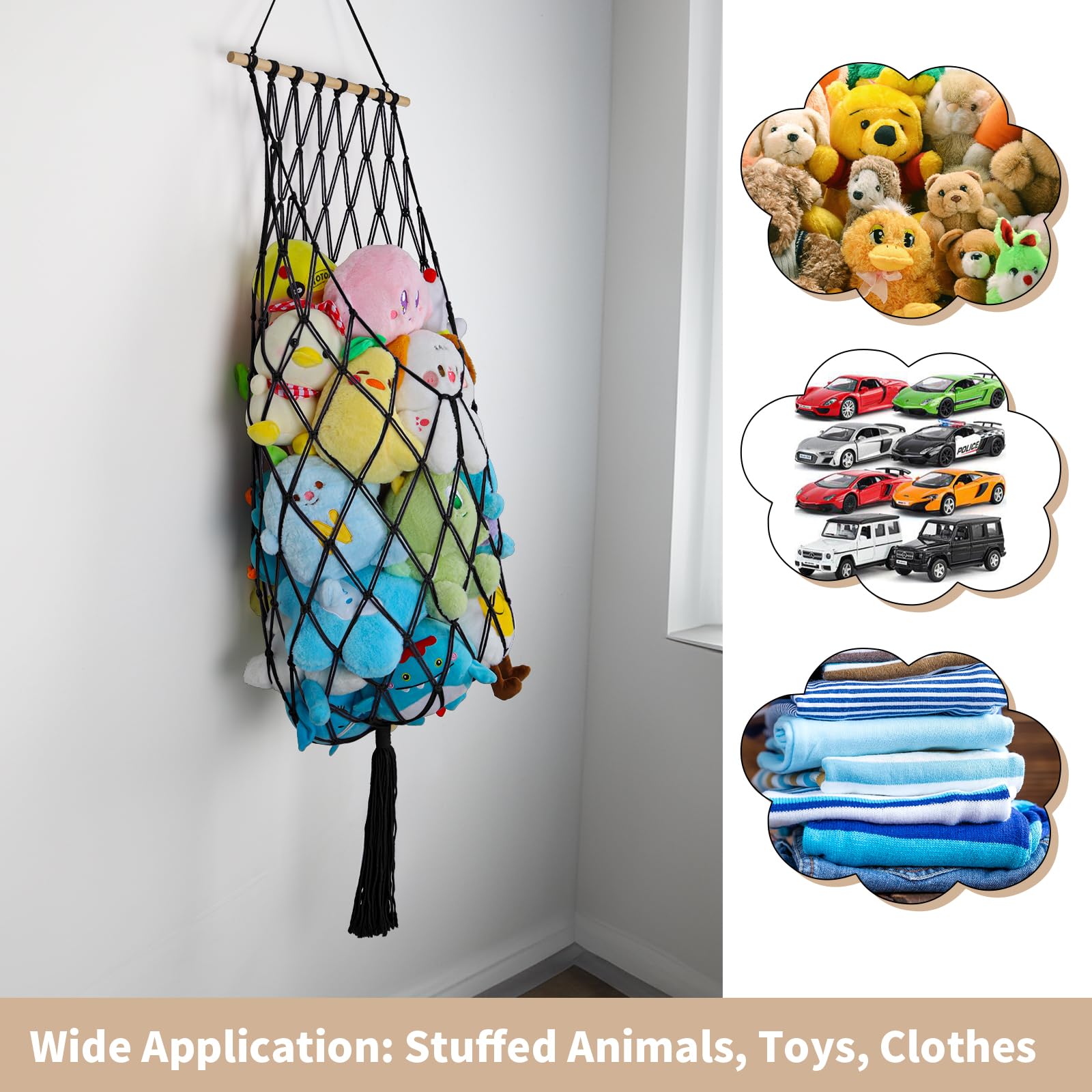 68 Inch Jumbo Macrame Vertical Stuffed Animal Hammock - Wall & Ceiling Hanging Plushie Holder for Kids Room, Nursery Decor (Black) | Perfect for Organizing Stuffed Toys in Bedrooms, Playrooms & Daycare Centers