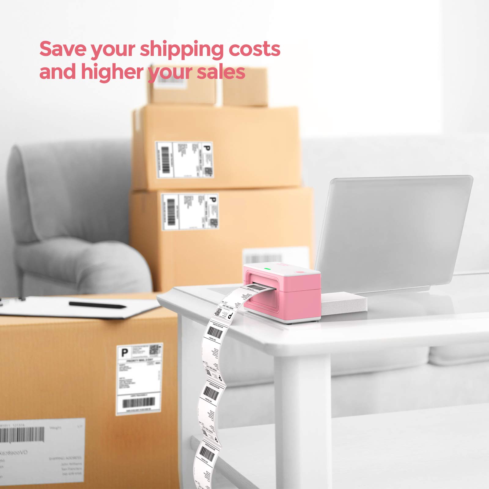 MUNBYN 4x6 USB Thermal Shipping Label Printer for Home & Small Business - Compatible with Canada Post, Purolator, UPS, FedEx, DHL (Pink) - Perfect for E-commerce, Online Sellers & Package Shipping