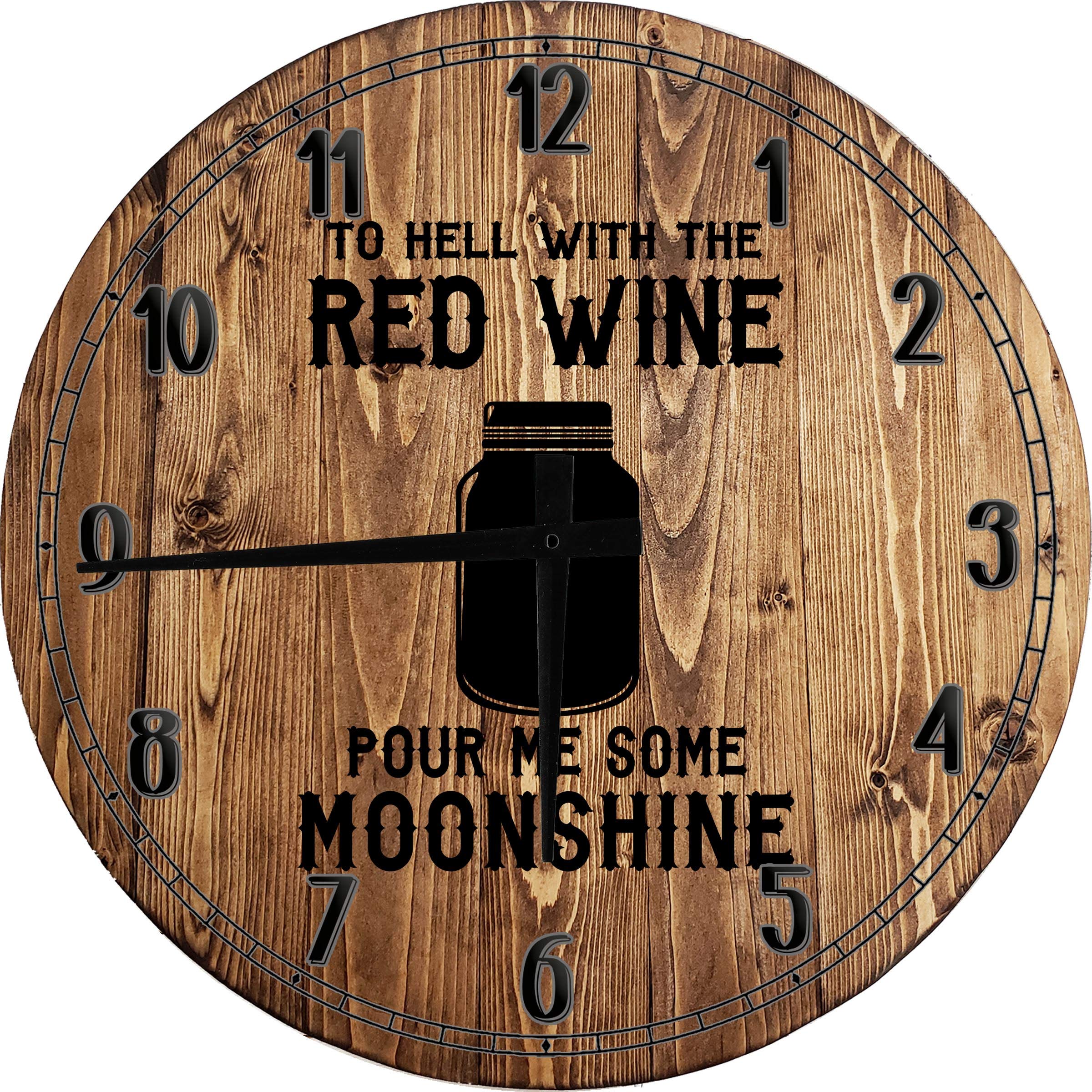 AMG Prints 18-inch Round Wooden Wall Clock - 'To Hell with Red Wine Pour Me Some Moonshine' Bar Decor for Men | Vintage Alcohol Aficionado Gift, Perfect for Home Bar, Man Cave or Pub