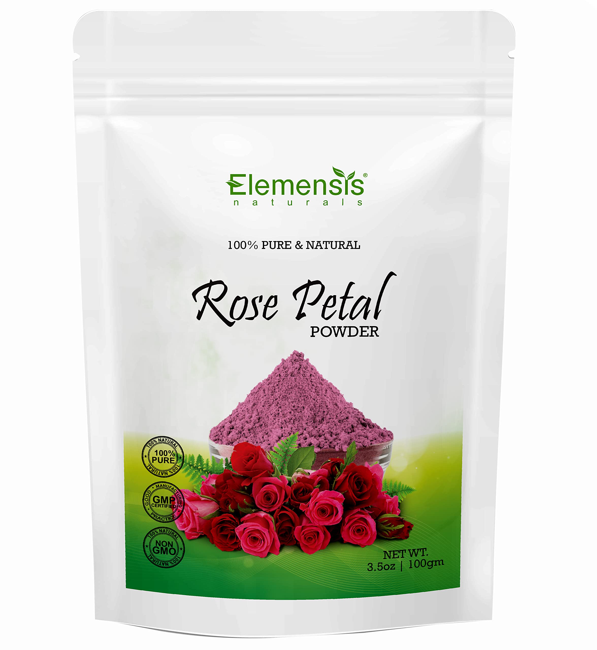 Elemensis Naturals Pure & Natural Double Filtered Rose Petal Powder - 100g Organic Face Mask for Skin Brightening, Tan Removal & Glowing Complexion | DIY Skincare, Facial Treatment & Beauty Routine