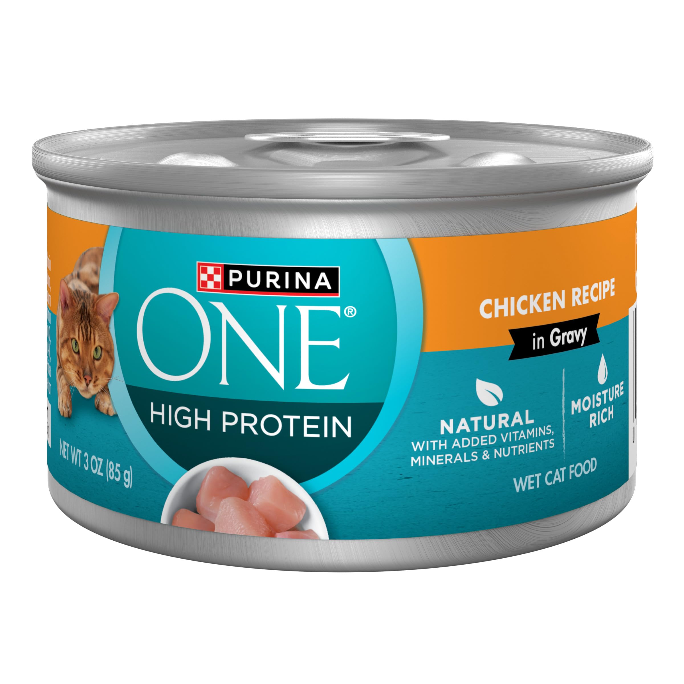 Purina ONE Natural High Protein Wet Cat Food - Chicken Recipe in Gravy, 3 oz Pull-Top Cans (Pack of 24) | Premium Nutrition for Adult Cats, Kitten Food Alternative | Ideal for Mealtime, Weight Management & Picky Eaters