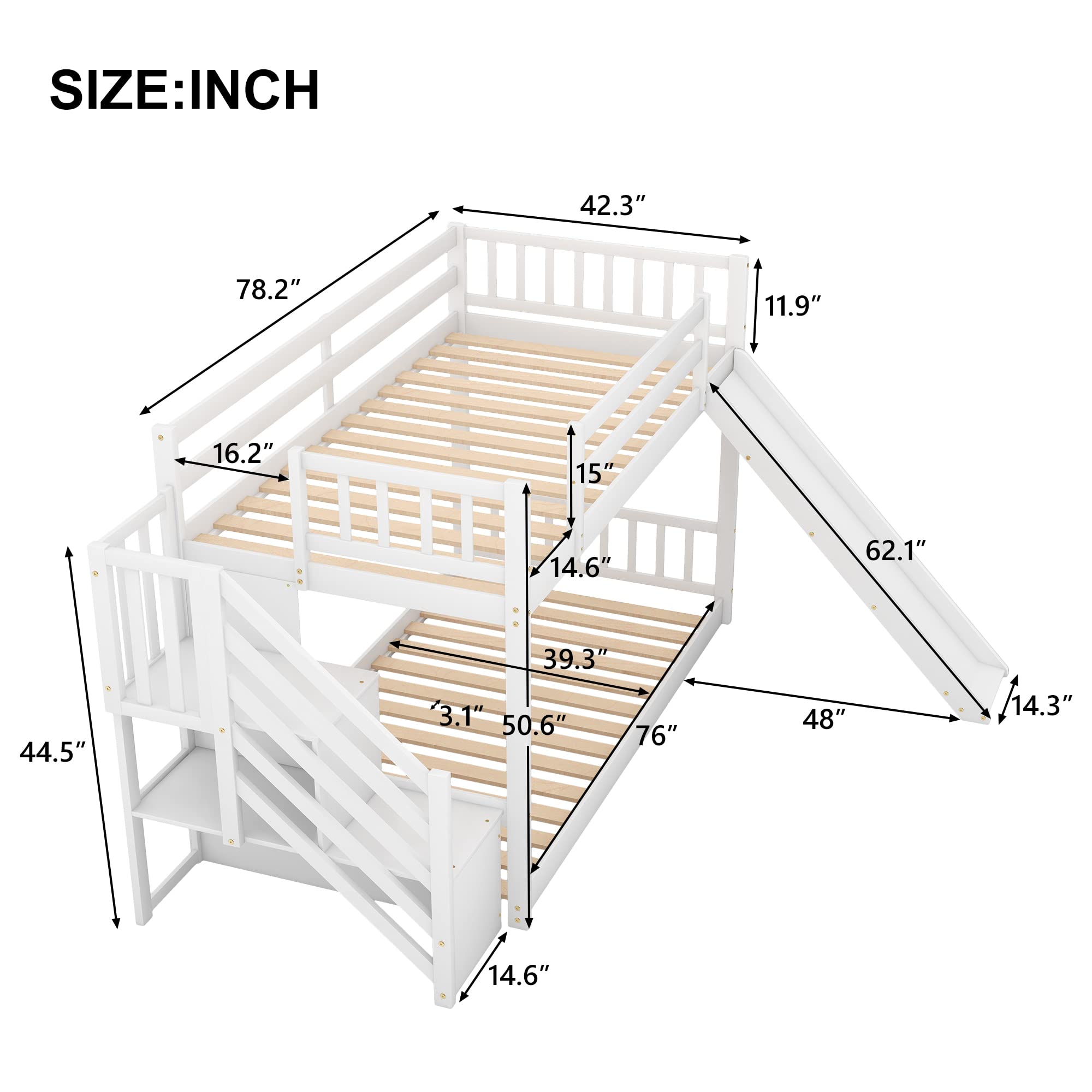 Harper & Bright Designs Twin Bunk Bed for Kids - Wooden Low Bunk Bed with Slide & Stairway - White - Perfect for Kids' Bedroom, Playroom & Space-Saving Solutions