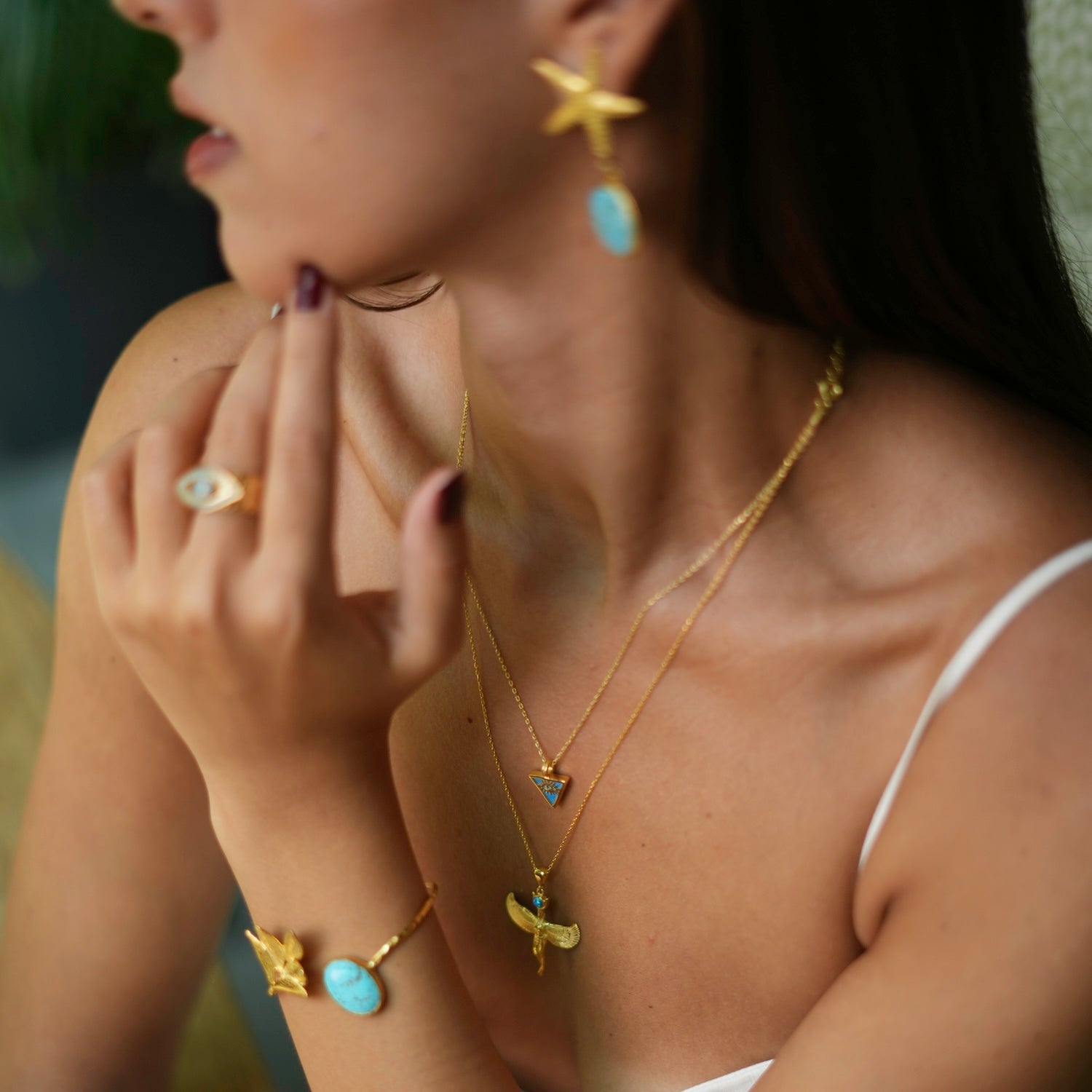 Turquoise & Gold Triangle Pendant Evil Eye Protection Necklace - Spiritual Jewelry for Women, Gift for Her | Perfect for Everyday Wear, Meditation & Positive Energy