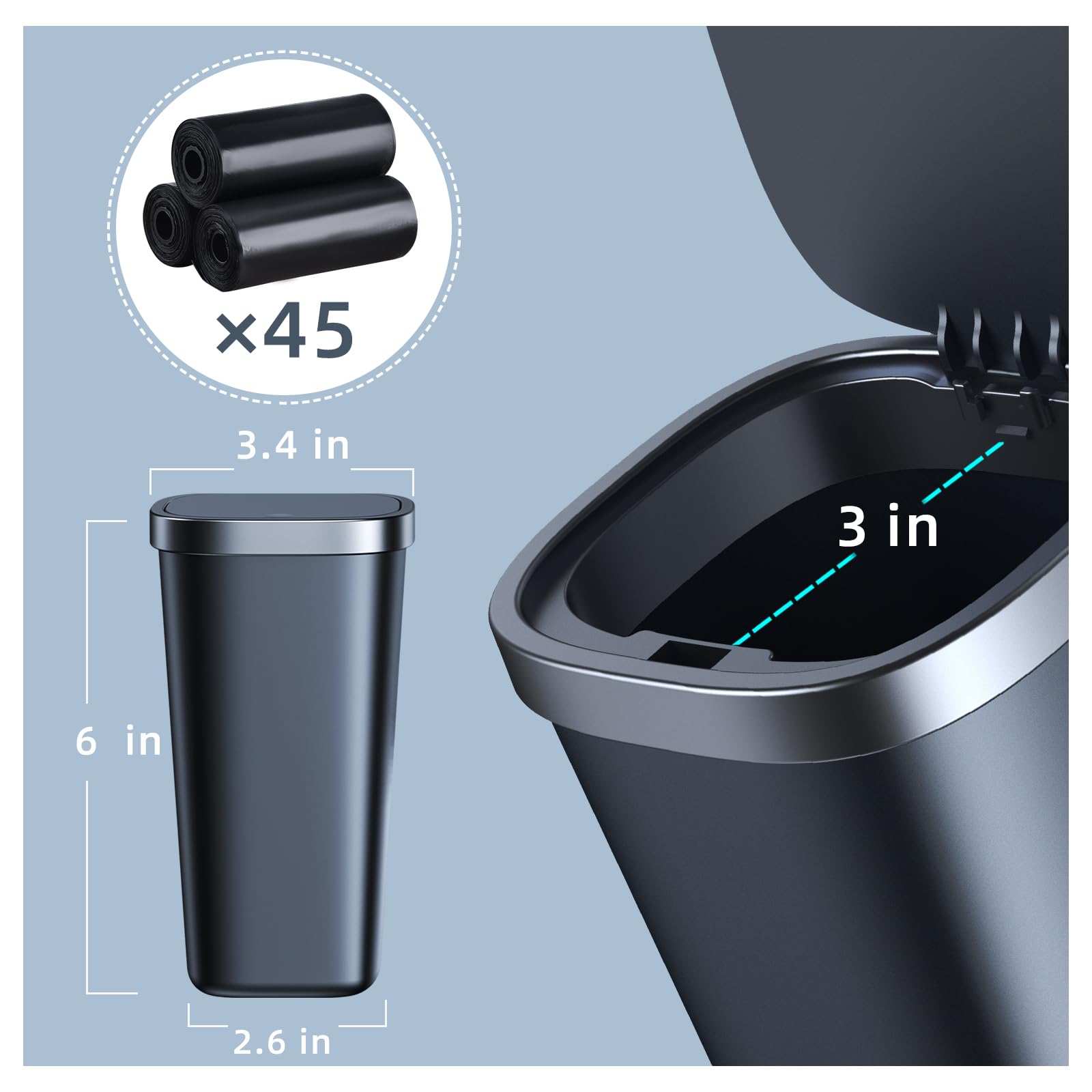 Mini Car Trash Can with Lid - Waterproof Small Garbage Bin for Car, Home, Office & Travel - Includes 3 Rolls Mini Trash Bags - Fits Cup Holders - Perfect for Snacks, Tissues & Small Waste (Square Black)