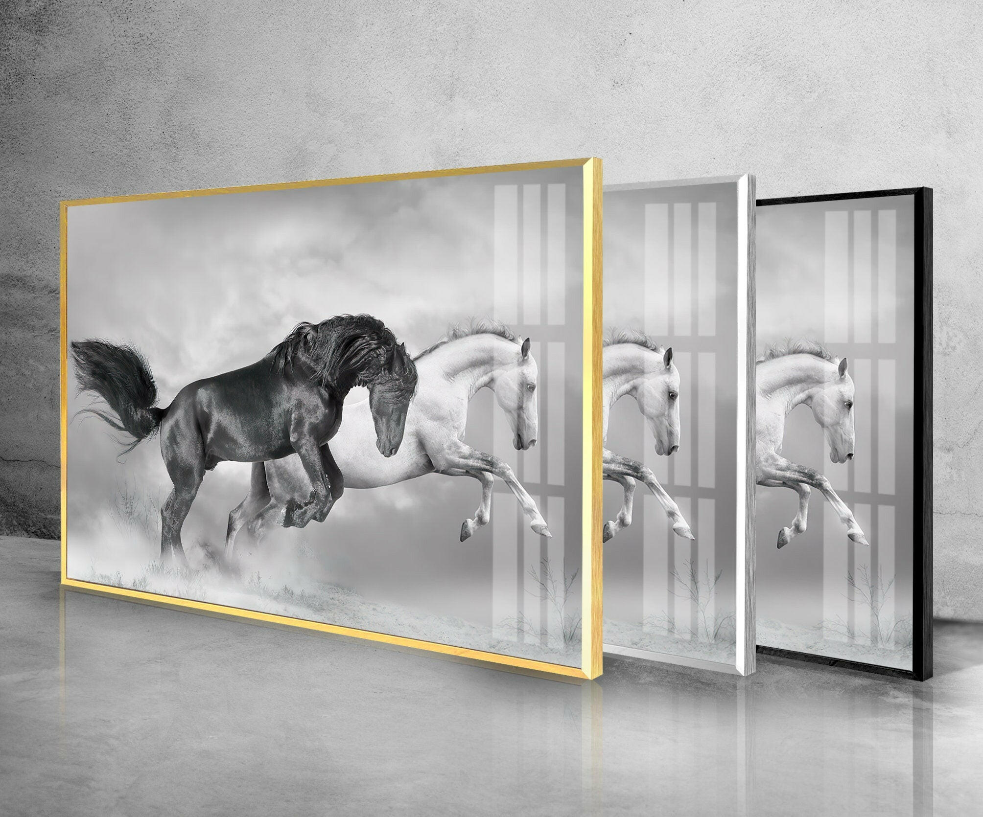 Black & White Wild Horses Running Glass Wall Art - Elegant Home Decor for Living Room, Bedroom & Office - Perfect Modern Art Gift for Horse Lovers