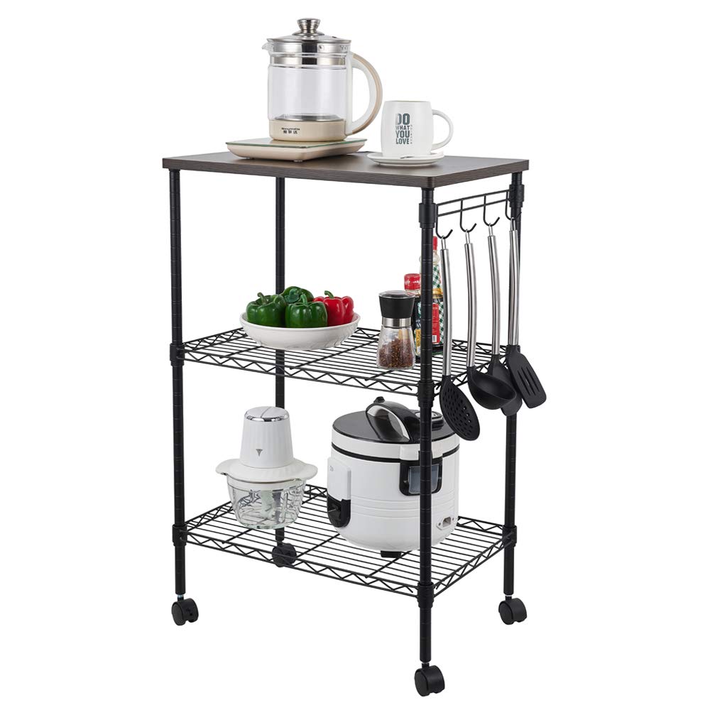3-Tier Kitchen Cart with Wheels - Wood & Black Storage Rack for Microwave & Pantry Organization