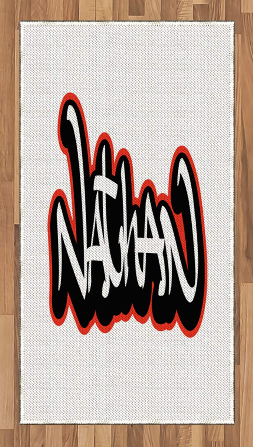 Ambesonne Nathan Area Rug - Artistic Boys Name Graffiti Wall Writing Design for Men in Doodle Style | Flat Woven Accent Rug for Living Room, Bedroom & Dining Room | 2.6 x 5 Feet in Vermilion Black & White | Perfect for Modern Home Decor, Teen Boy's Room & Office Spaces