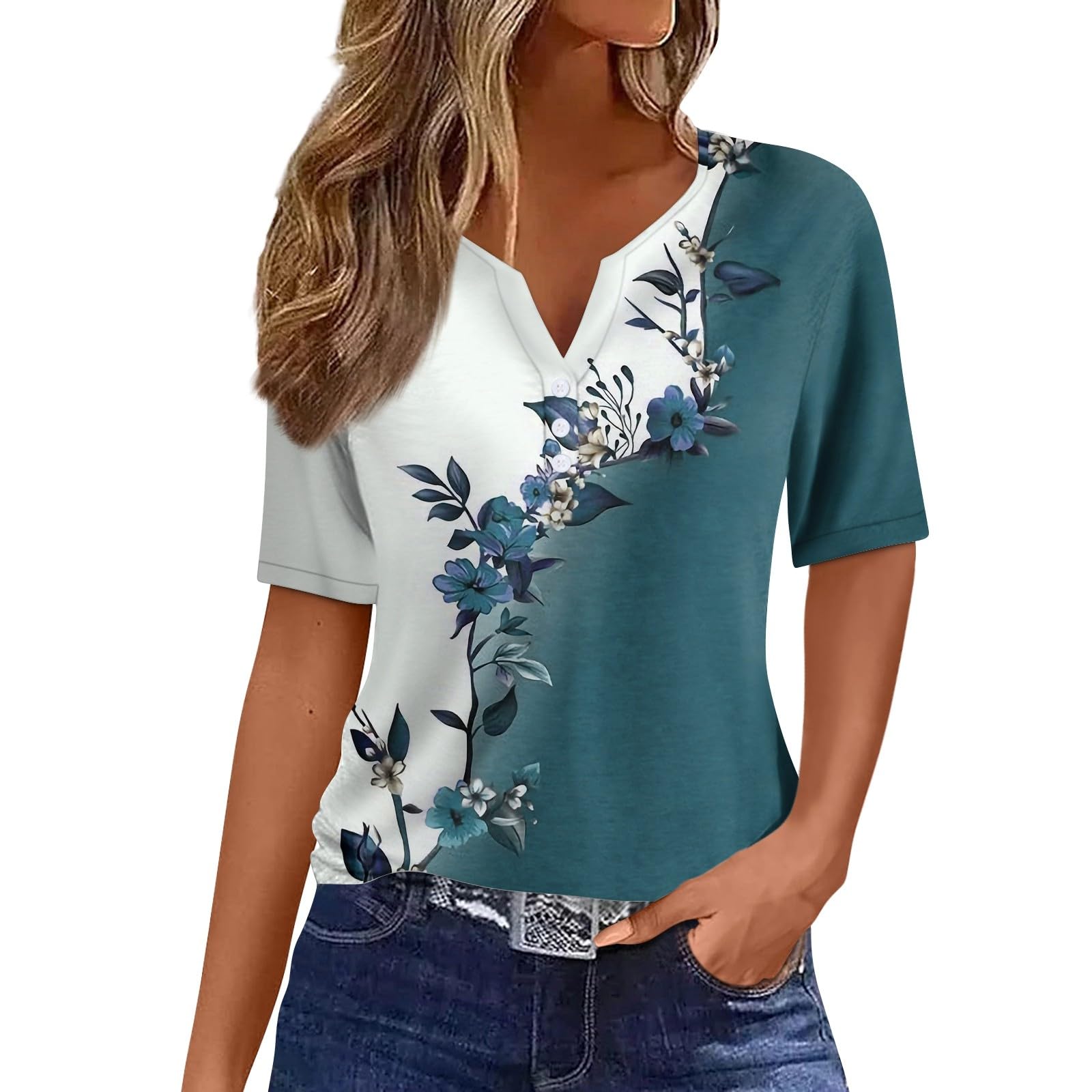 Women's Summer Tops Short Sleeve V-Neck Button Tunic Blouse - Trendy Casual Shirt for Leggings | Perfect for Office, Weekend Outfits & Summer Travel