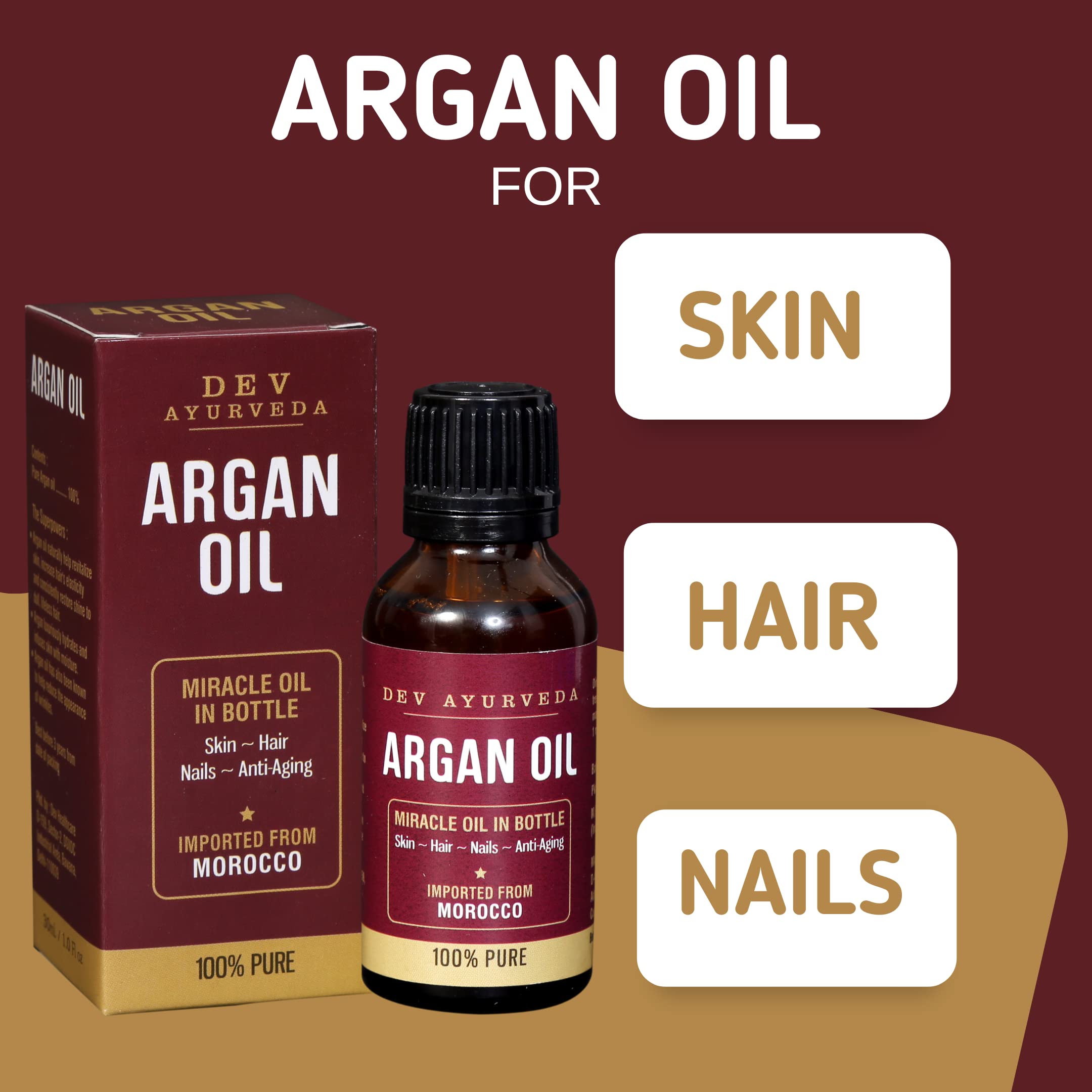 100% Pure Moroccan Argan Oil - 30mL | Dev Ayurveda Natural Carrier Oil for Hair, Skin & Nails | Hydrating & Nourishing Treatment for Dry Scalp, Split Ends & Wrinkles