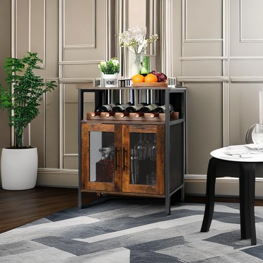 X-cosrack Rustic Brown Wine Bar Cabinet with Detachable Wine Rack & Glass Holder - Coffee Bar Sideboard Buffet Cabinet with Mesh Door - Perfect for Dining Room, Kitchen & Home Bar Storage (Patent Pending)