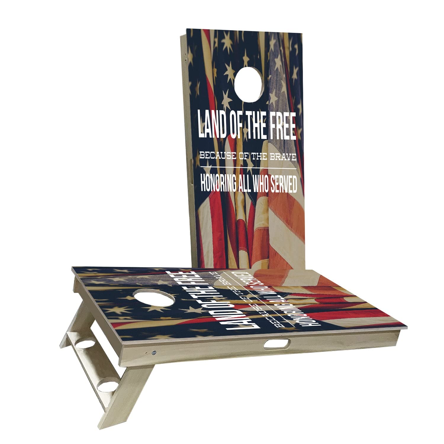 Skip's Garage 'Land of The Free Because of The Brave' Cornhole Board Set - Regulation Size Bean Bag Toss Game with 2 Boards & 8 Bags - Perfect for Backyard BBQs, Tailgating, and Family Gatherings