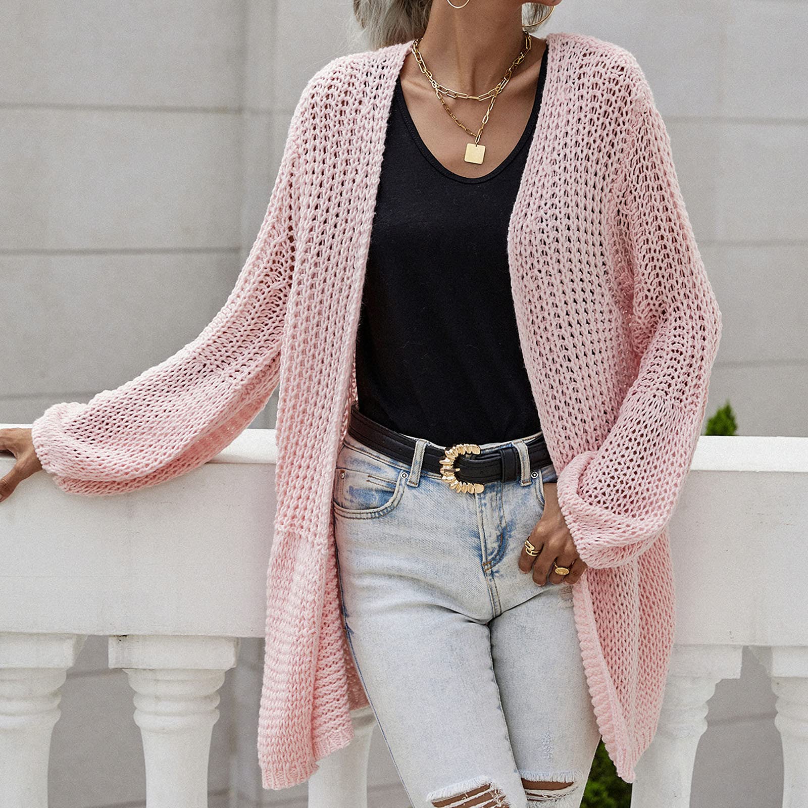 Women's Casual Long Sleeve Open Front Cardigan Sweater with Pockets - Classic Knit Cardigan for Everyday Wear, Office & Fall Outfits
