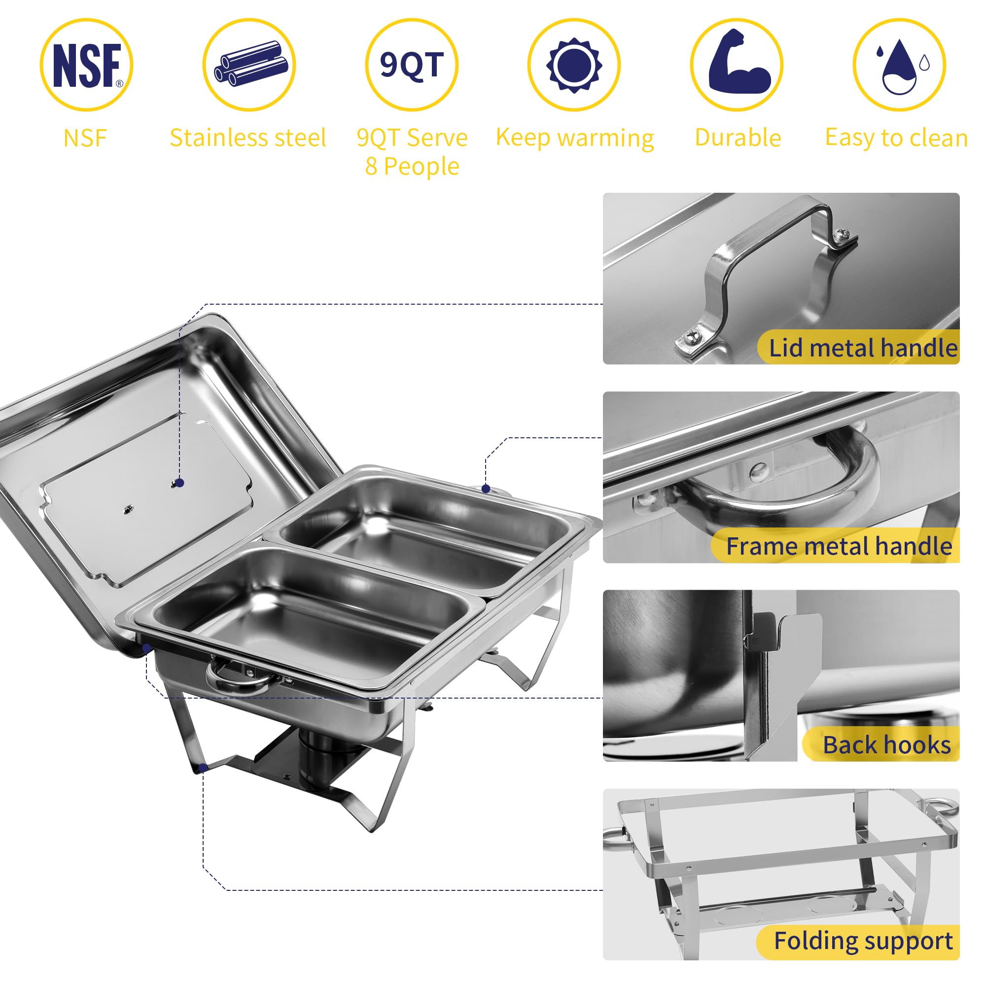 4 Pack 9QT Stainless Steel Chafing Dish Set with Half Size Food Pans - Complete Buffet Catering Supplies for Banquets, Parties, Weddings & Events - Keep Food Warm for Hours at Buffets, Catering Services & Home Entertaining
