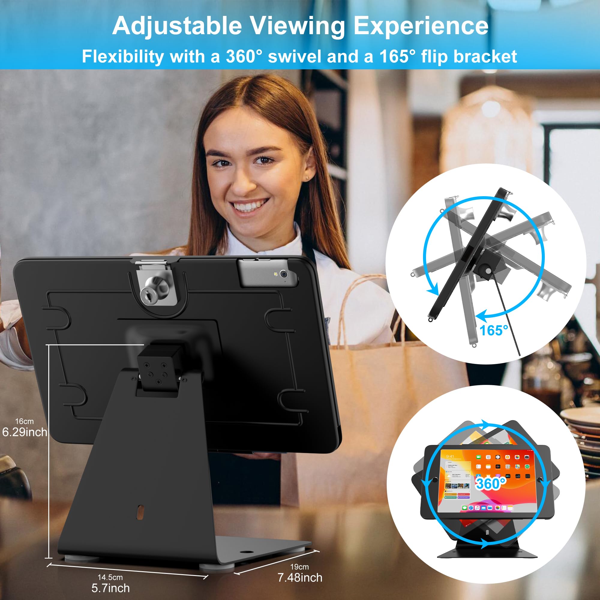 Secure Anti-Theft iPad Kiosk Stand - Aluminum Lightweight POS Stand with 360° Swivel & Lockable Tablet Enclosure - Compatible with iPad 10.2