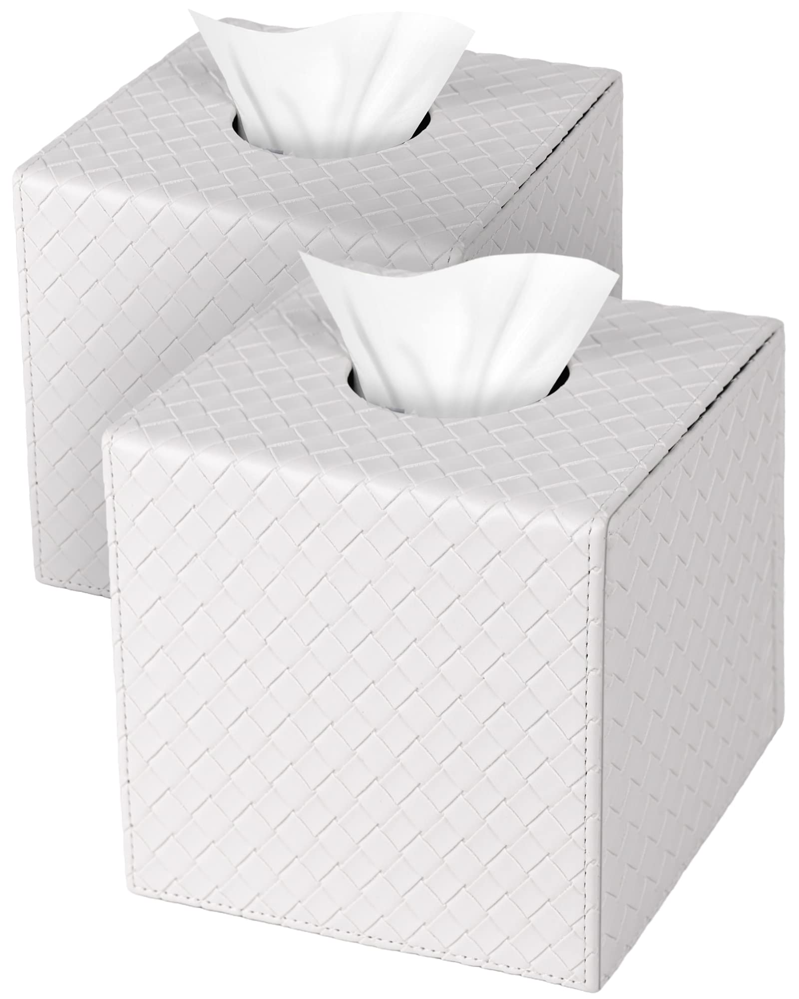 Jeethemy Square Tissue Box Cover - Black PU Leather with Braided Pattern, Portable Foldable Tissue Holder for Home, Office, Car & Travel Use - Double White